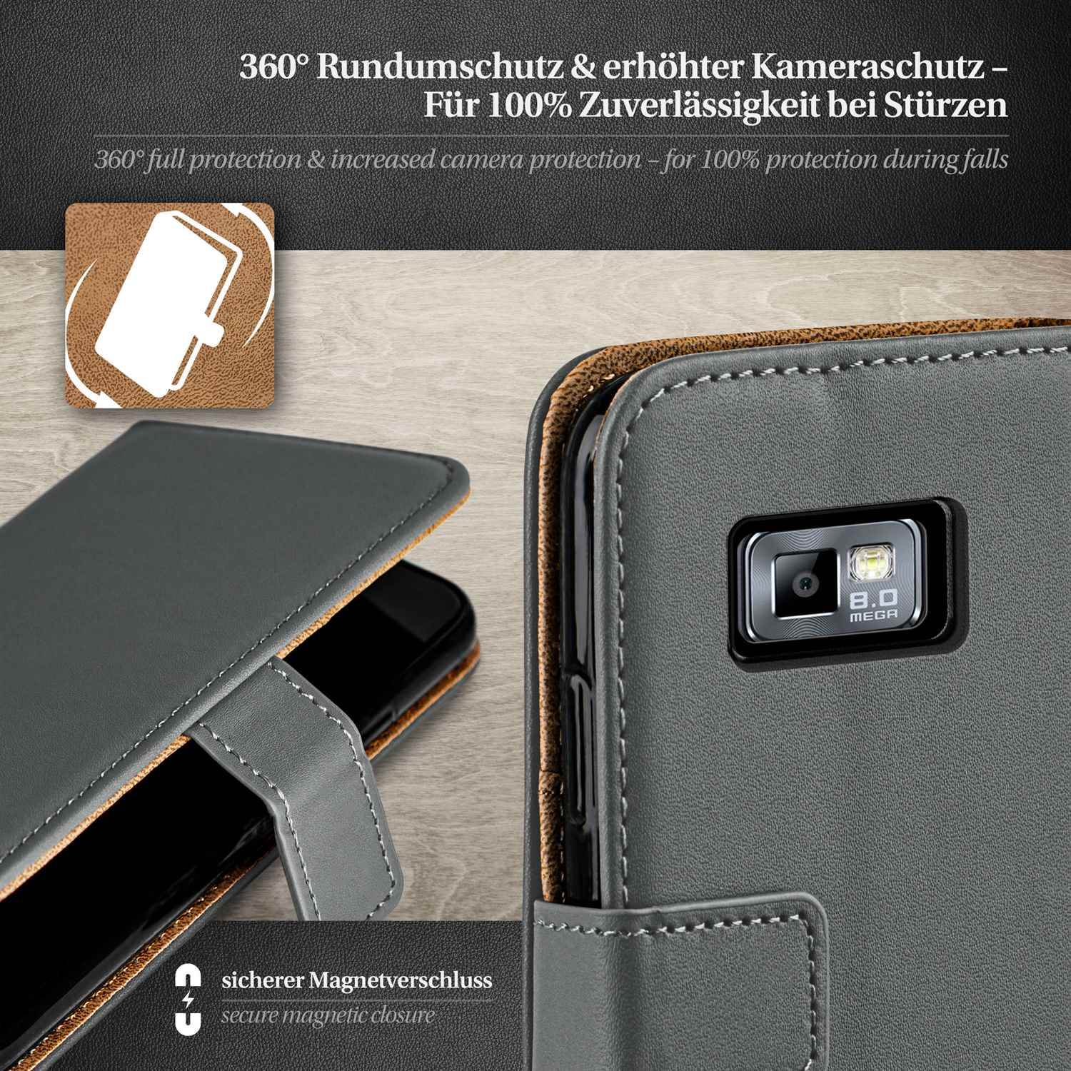 Graue Handyhülle mit Telefon. Nahaufnahme einer Hülle mit Kamera und sicherem Verschluss.