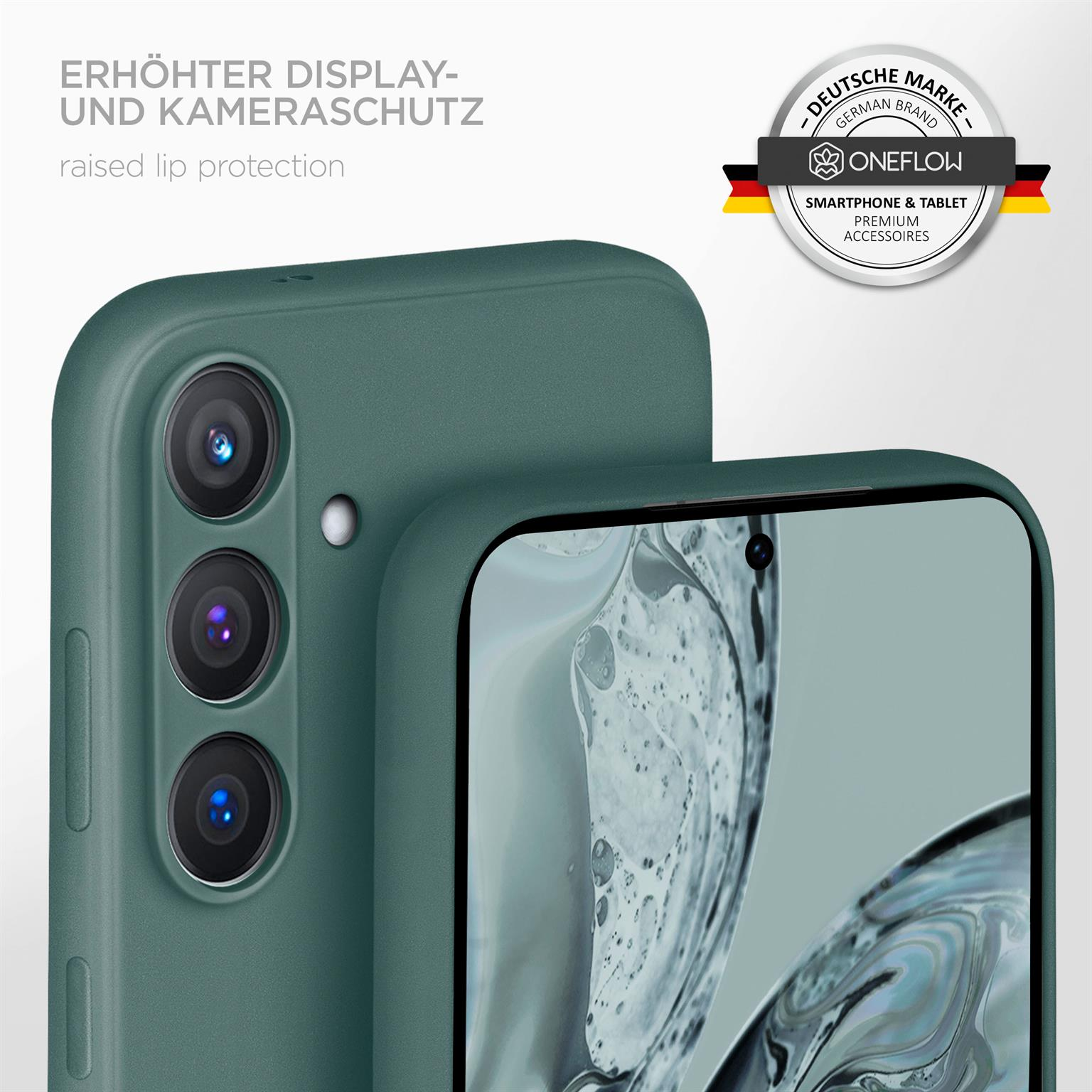 Grüne Handyhülle zeigt die Kamera. Text: erhöhter Display- und Kameraschutz.