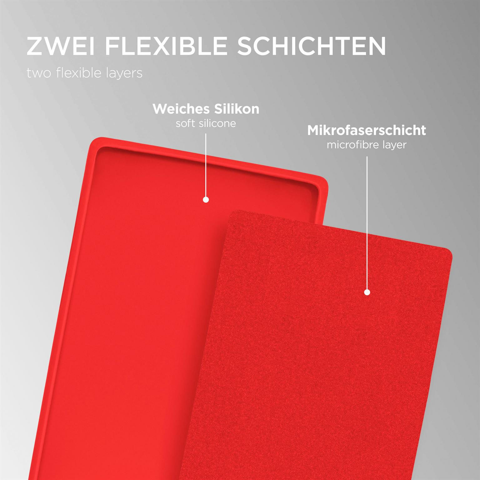 Zwei Schichten: eine rote, weiche Silikonschicht und eine rote Mikrofaser-Schicht, zeigt den Aufbau.
