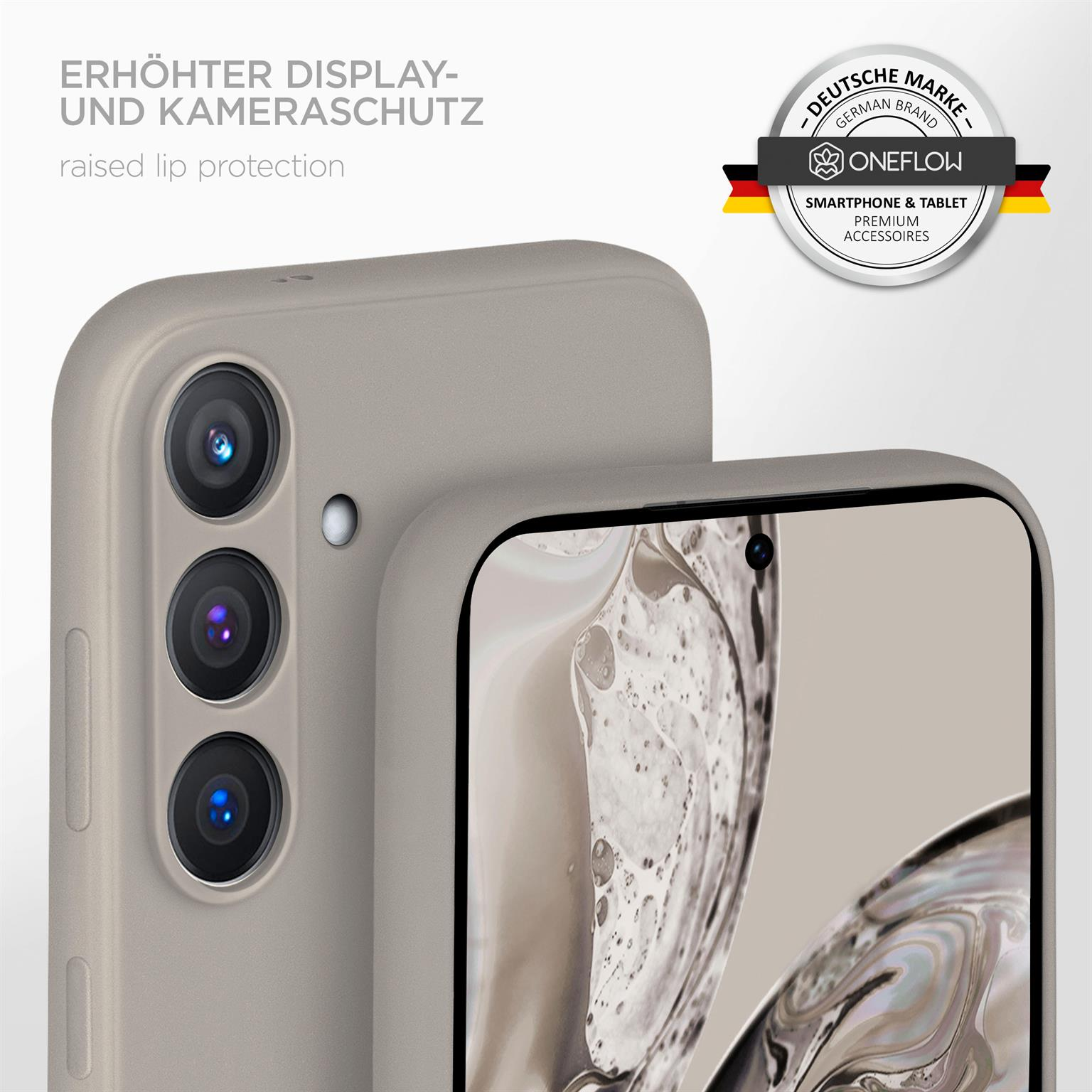 Eine Handyhülle auf einem Telefon. Der Text lautet 'erhöhter Kameraschutz'. Auf der Rückseite des Telefons befindet sich eine Kamera.