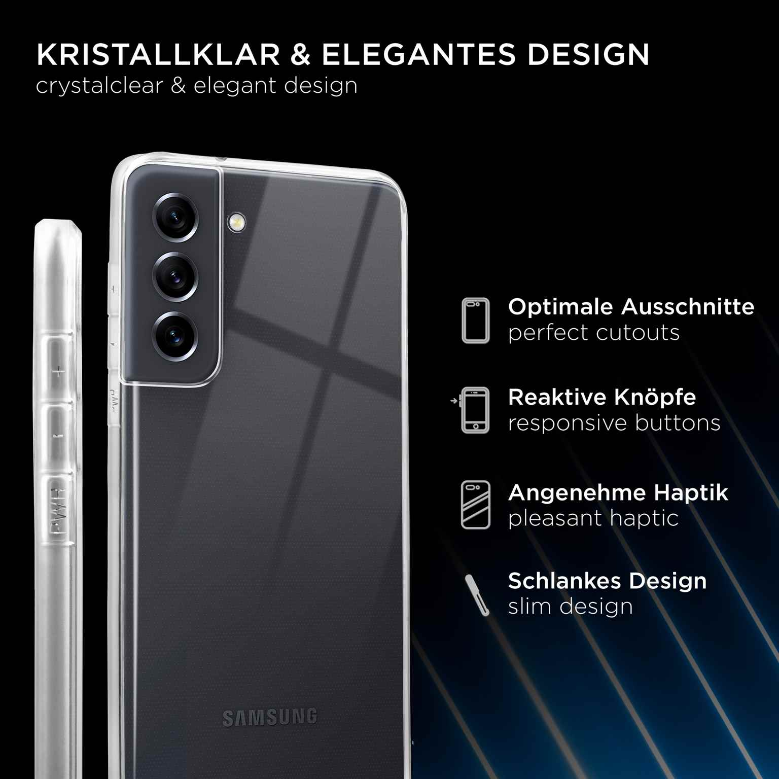 Eine transparente Handyhülle wird angezeigt. Die Hülle befindet sich auf einem Telefon. Es gibt Knopfausschnitte und einen Markennamen.