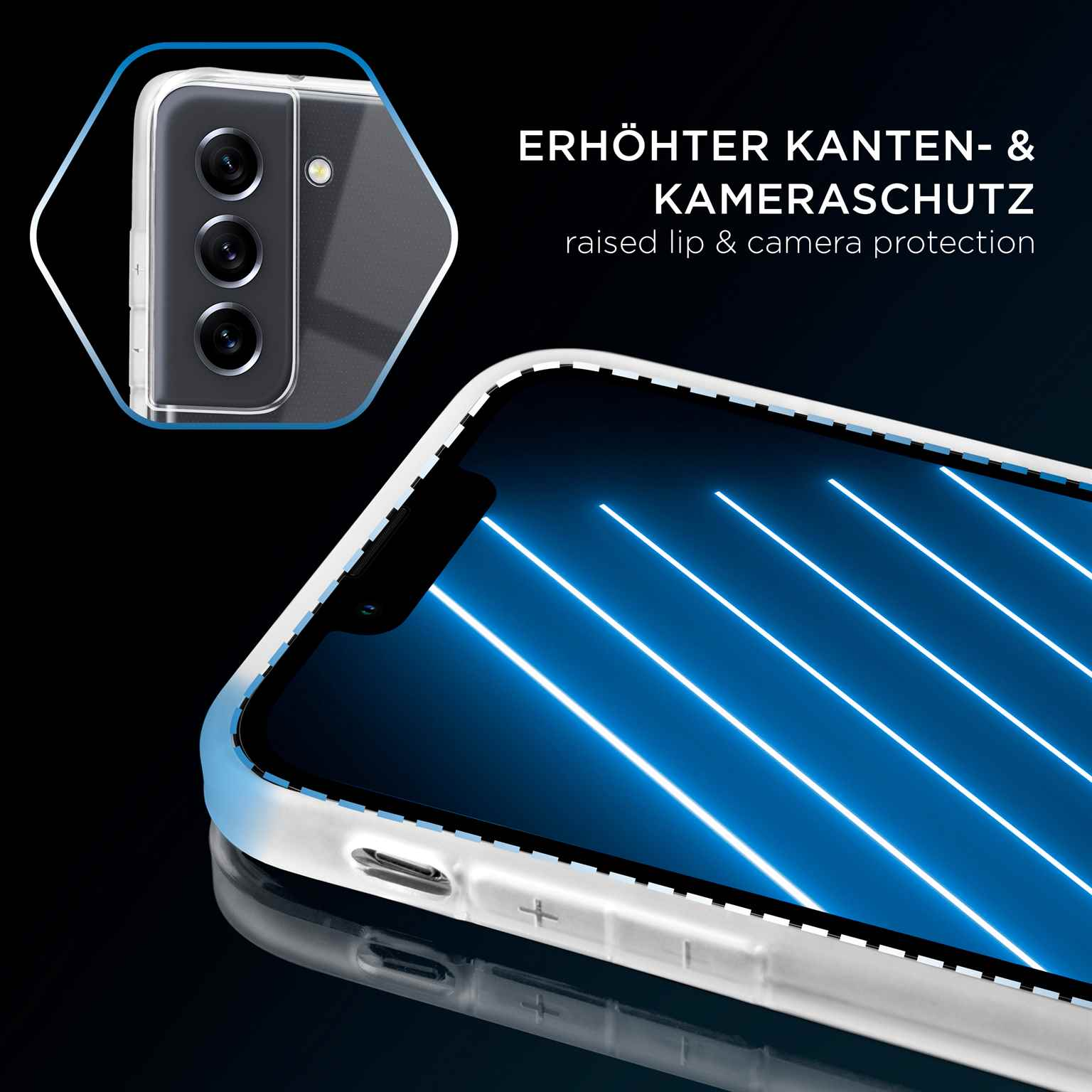 Ein Telefon in einer transparenten Hülle. Zeigt Schutz um Kamera und Bildschirm mit blauen Linien.