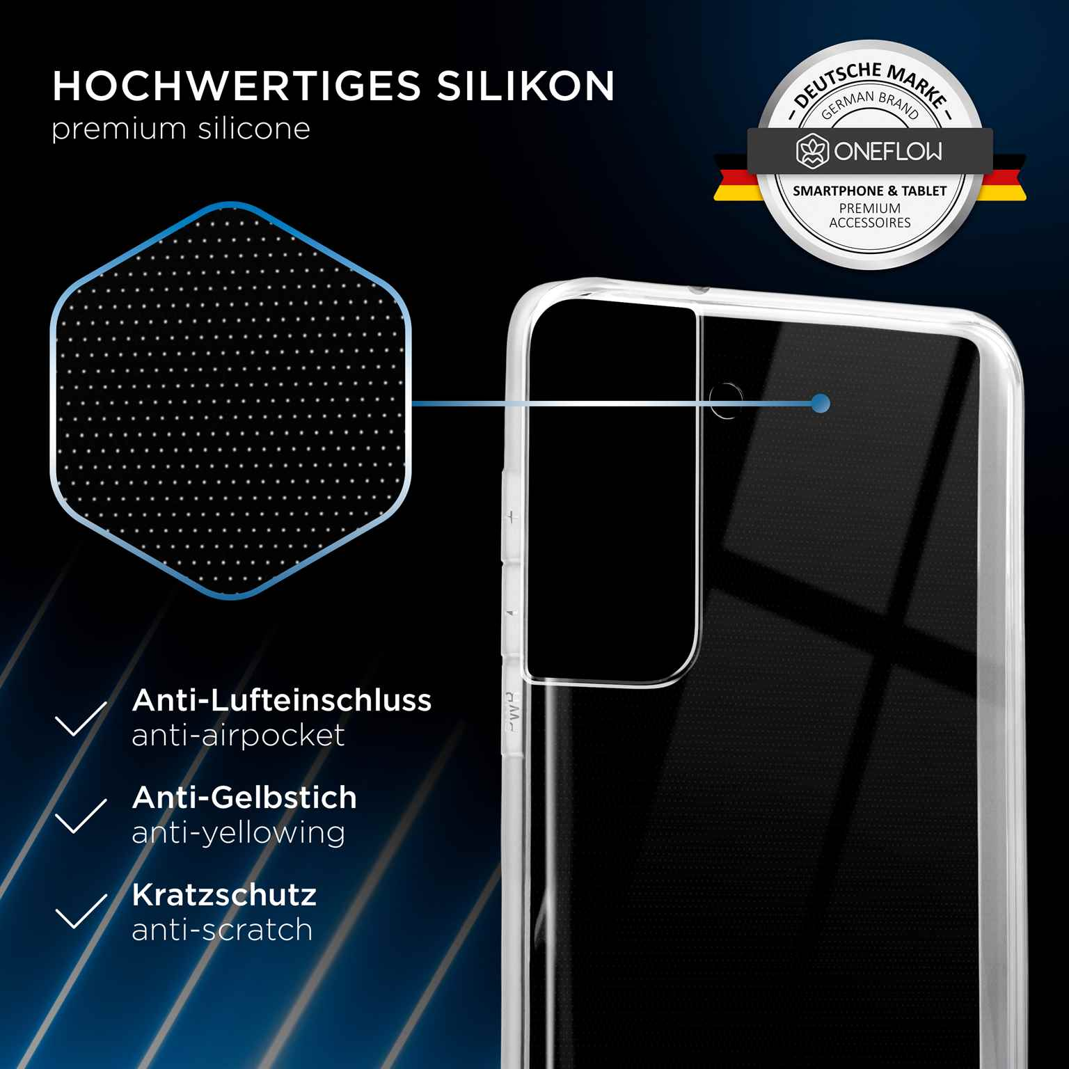 Transparente Handyhülle mit Logo. Die Hülle befindet sich auf weißem Untergrund. Text ist sichtbar.