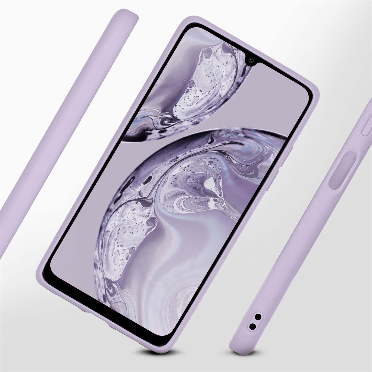 Ein lila Smartphone mit Hülle. Die Hülle ist lila. Der Hintergrund ist helllila.