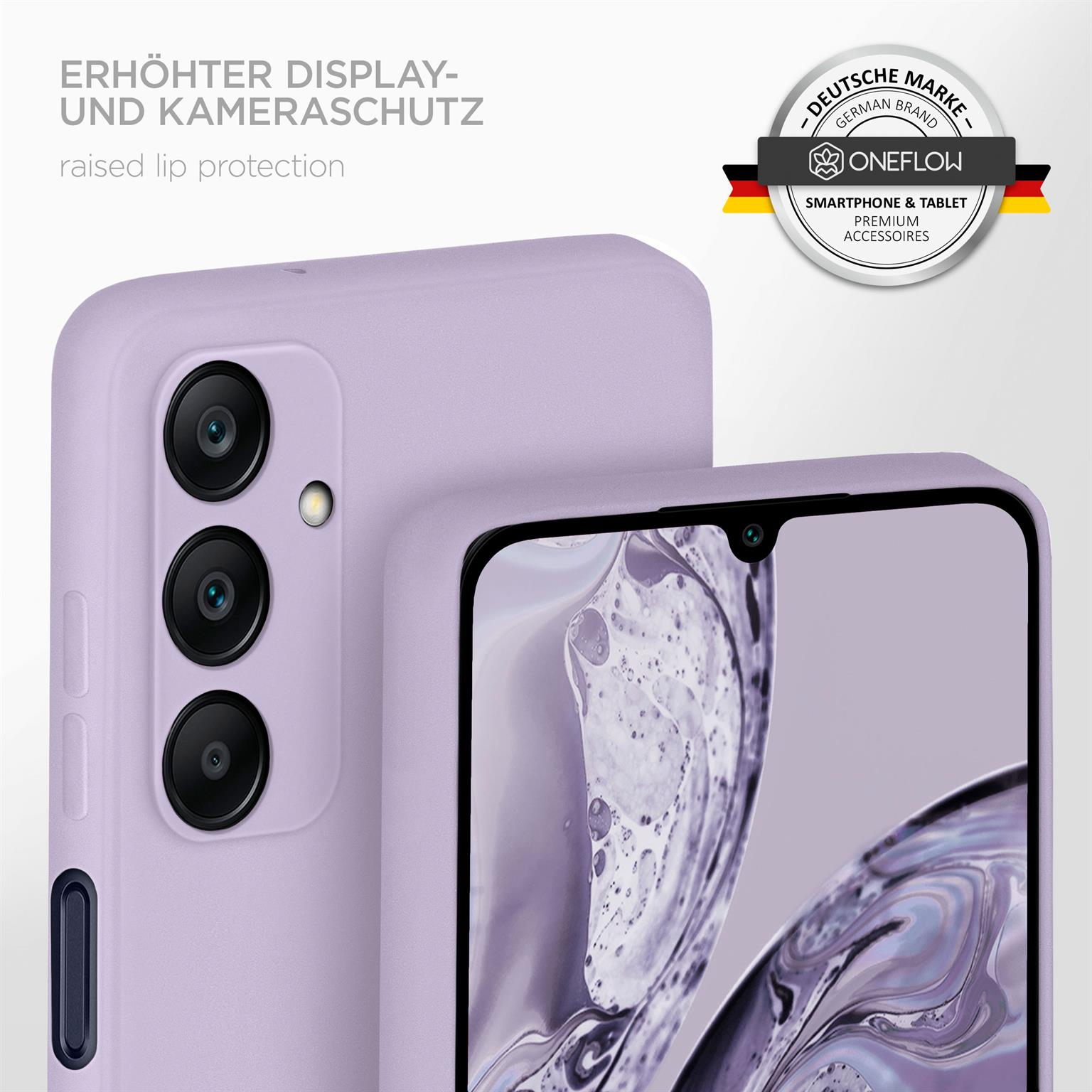 Ein lila Telefon mit Hülle. Es hat erhöhten Display- und Kameraschutz.