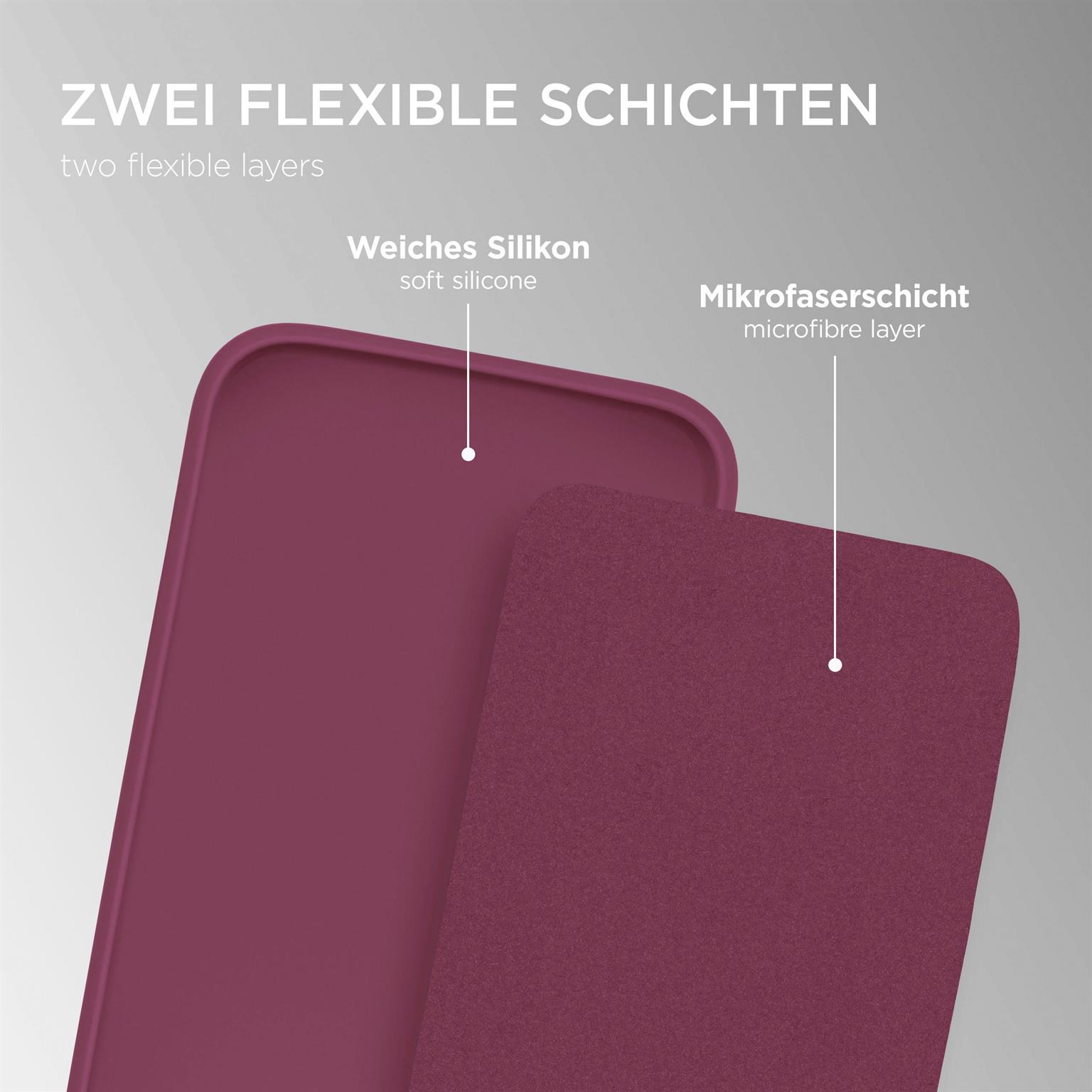Zwei Materialschichten, eine weinrote Handyhülle und eine rote Mikrofaser-Schicht. Text auf Deutsch.