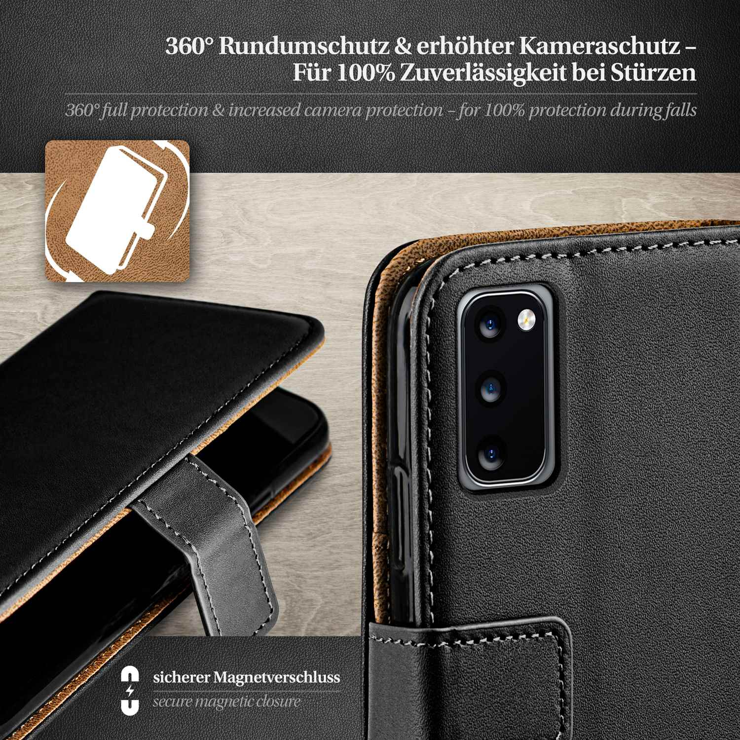 Eine schwarze Handyhülle wird gezeigt, mit Magnetverschluss und Telefon im Inneren.