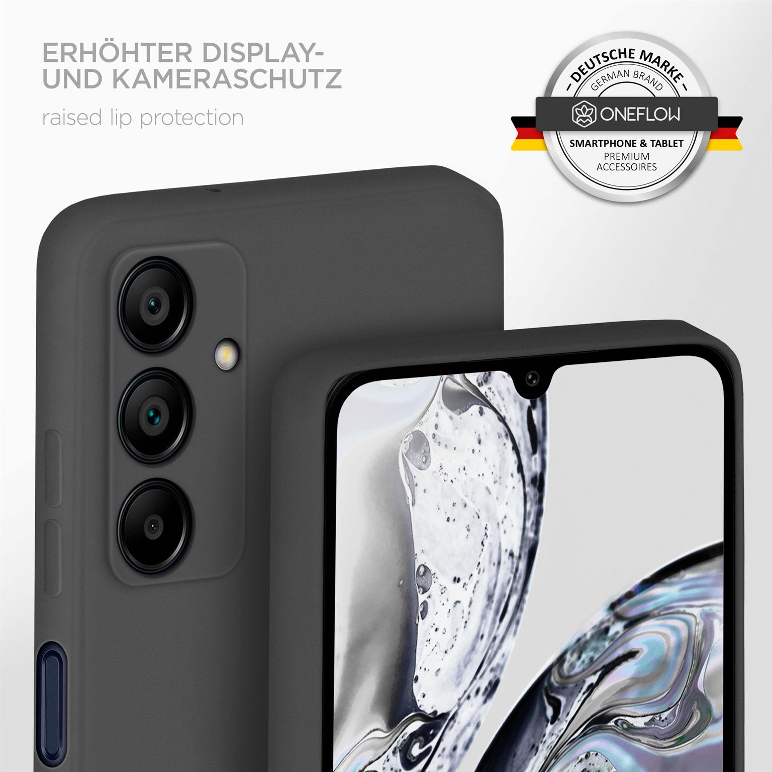 Nahaufnahme einer dunkelgrauen Handyhülle mit erhöhtem Kameraschutz und einem Smartphone.