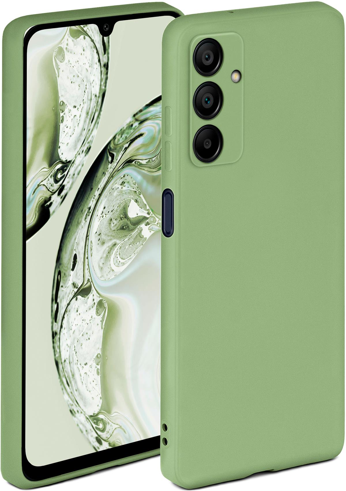Grüne Handyhülle auf einem Telefon mit drei Kameras. Der Bildschirm zeigt ein Schwarz-Weiß-Design.
