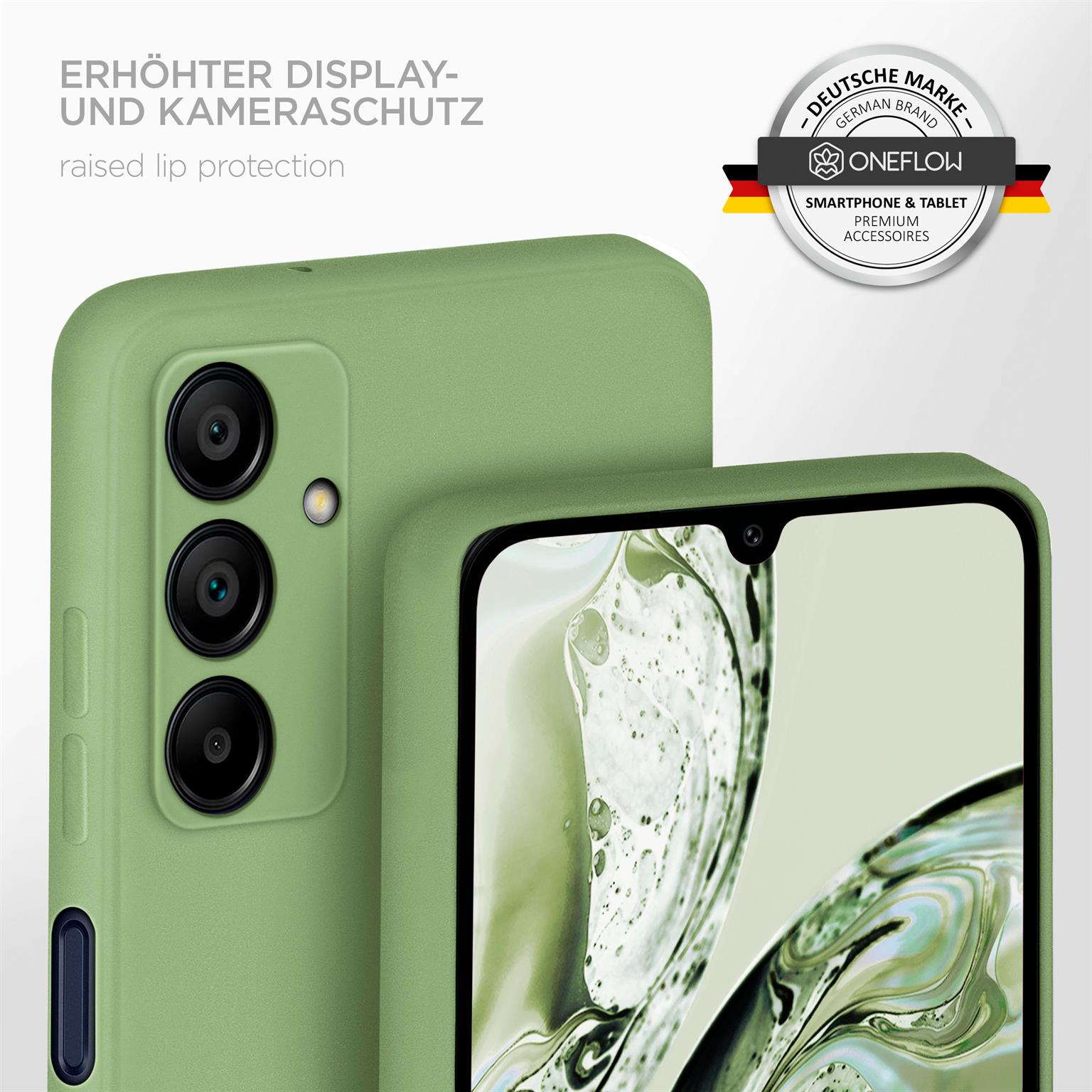 Ein grünes Telefon in einer Hülle wird gezeigt. Der Text auf Deutsch lautet 'erhöhter Display- und Kameraschutz'. Ein Oneflow-Logo ist vorhanden.