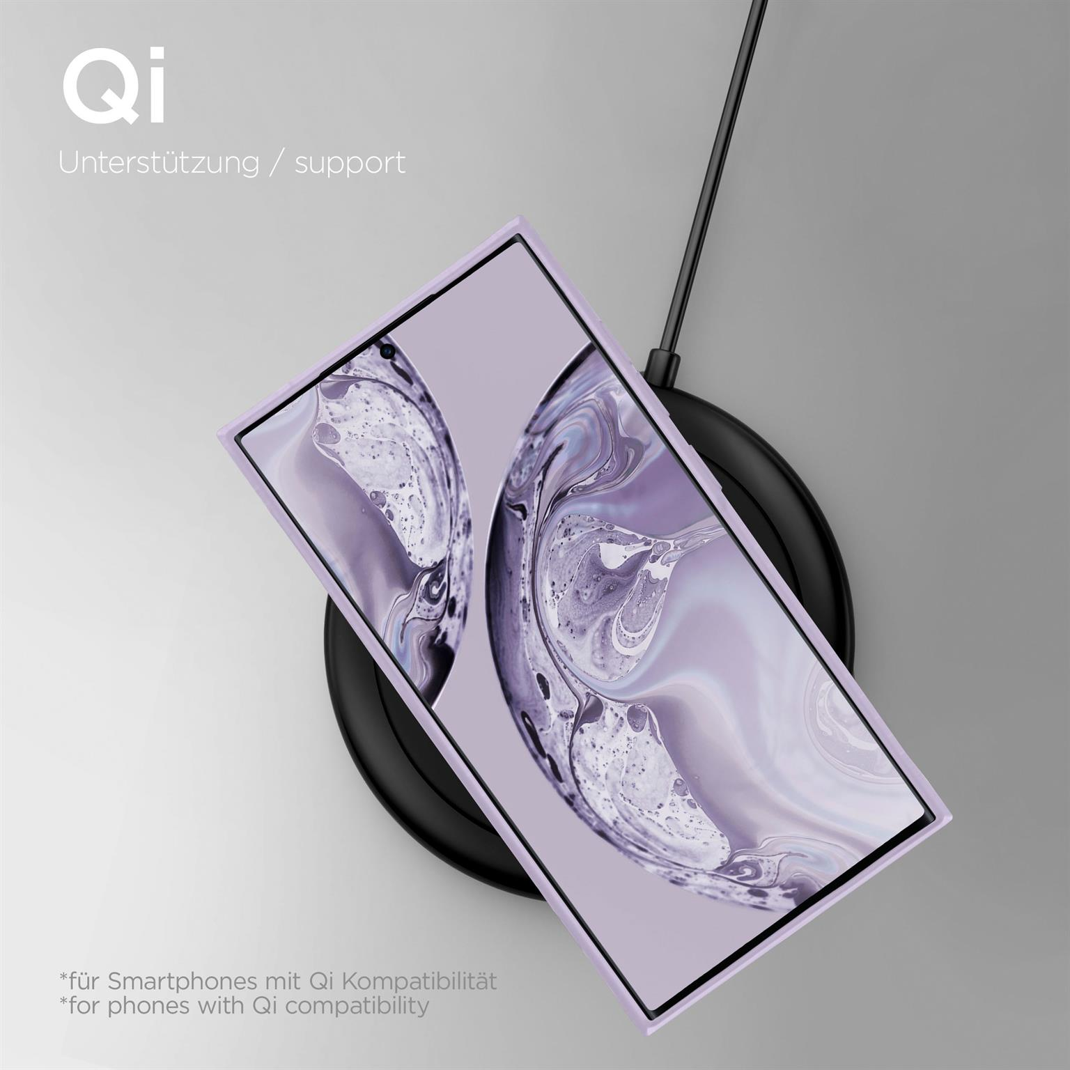 Telefon in Lavendel-Hülle auf kabellosem Ladegerät. Qi-Logo und Support-Text sind auf hellem Hintergrund sichtbar.