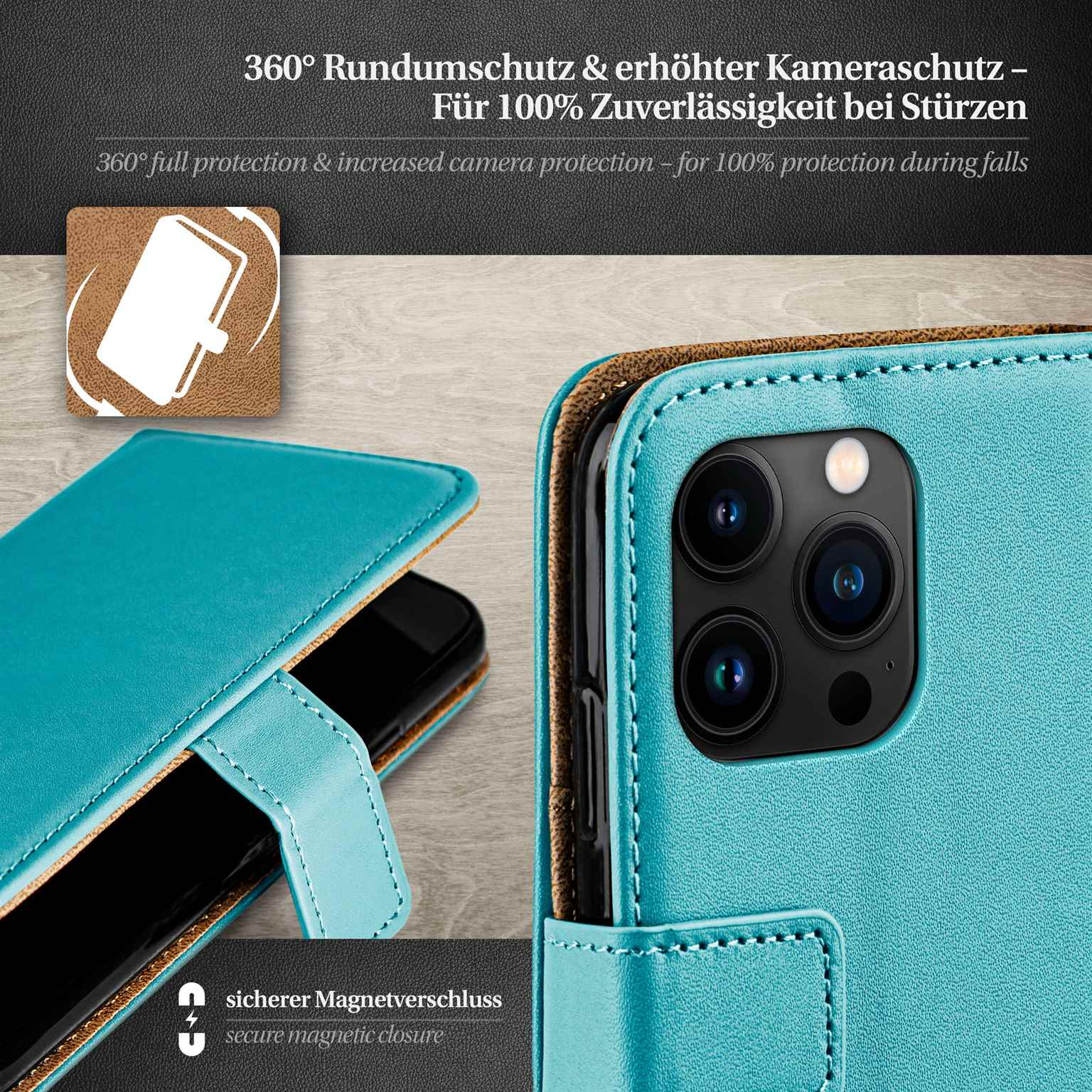 Telefon in türkisblauem Case, mit Text: 360° Schutz und sicherer Magnetverschluss.