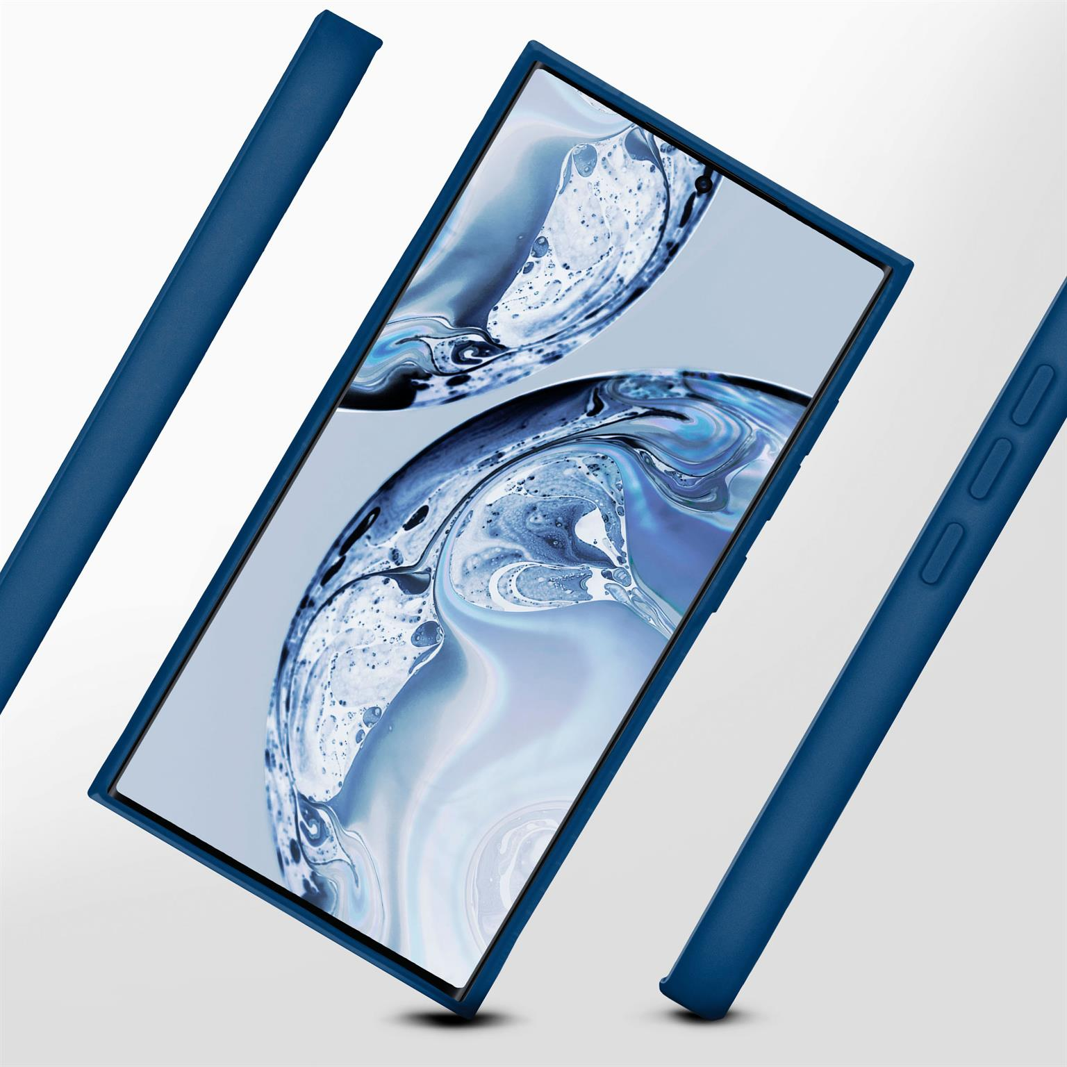 Blaue Handyhülle und Telefon. Telefon ist in der Hülle. Blaue Hülle auf weißem Hintergrund.