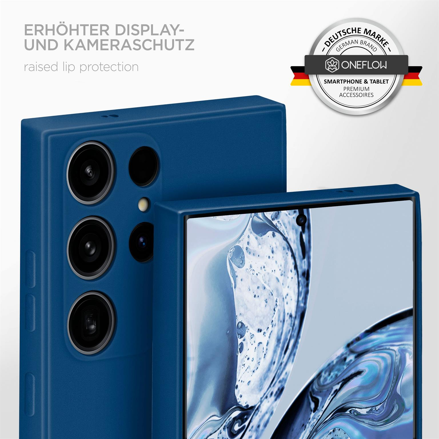 Blaue Handyhülle schützt die Kameras des Telefons. Erhöhter Lippenschutz. Das Oneflow-Markenlogo ist vorhanden.
