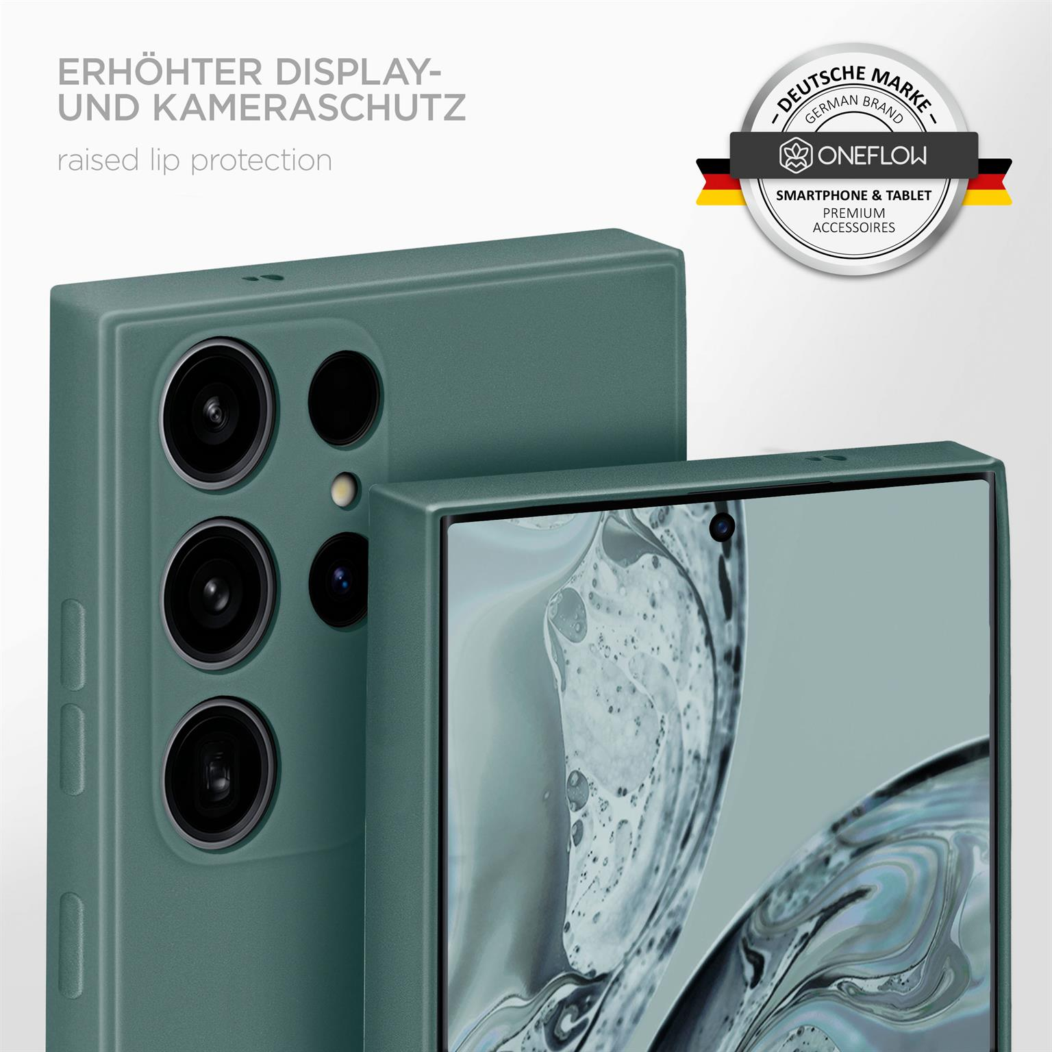 Grüne Handyhülle mit Telefon. Bildschirm sichtbar. Erhöhter Schutz.