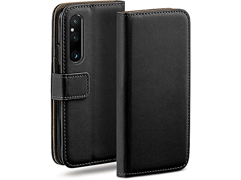 moex Book Case voor Sony Xperia Z5 telefoonhoes met kaartsleuf, inklapbare 360 graden beschermhoes, klaphoes, flip case, PU-leren telefoonhoesje, leren hoes, zwart