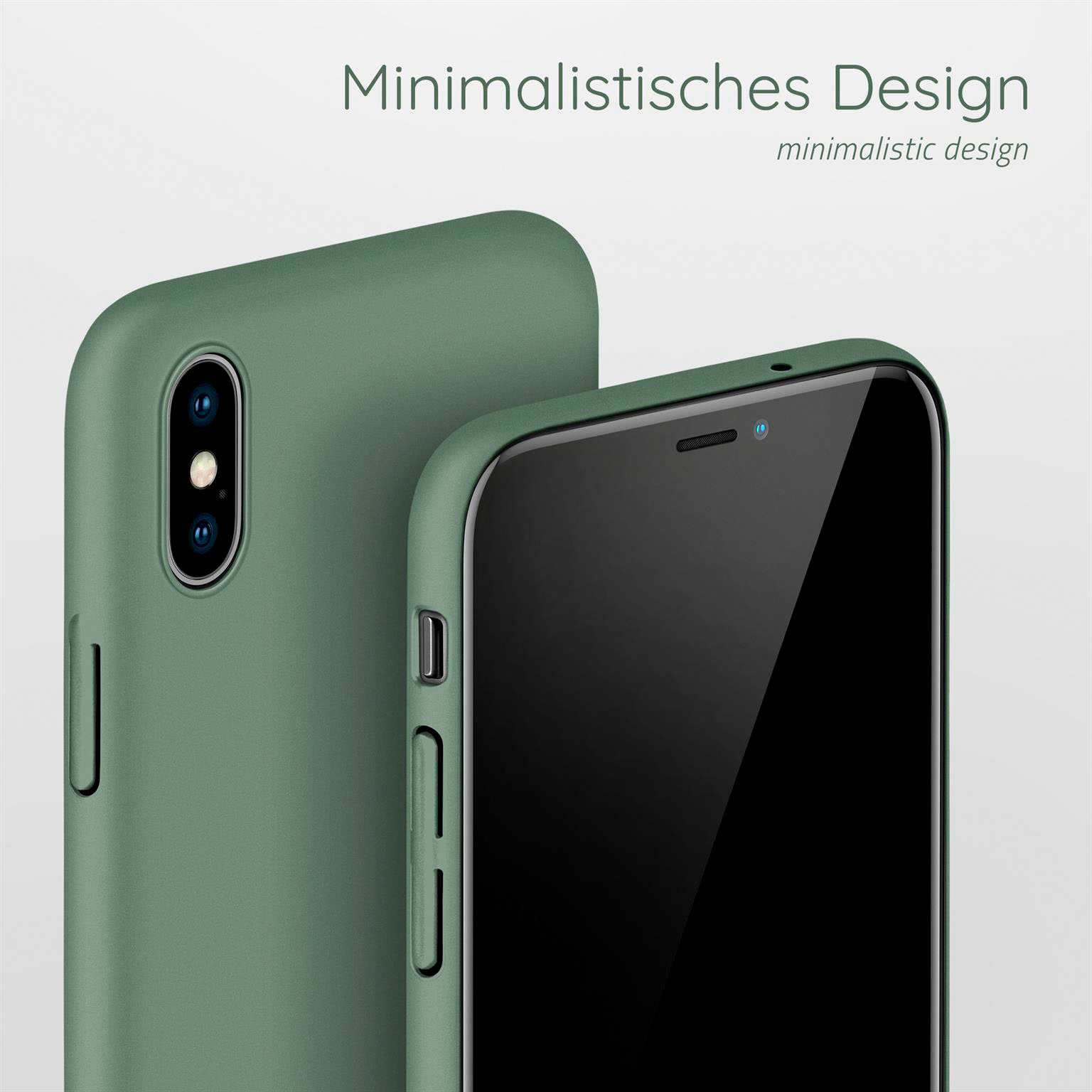 Zwei olivgrüne Handyhüllen, eine auf der Rückseite eines Telefons und die andere daneben.