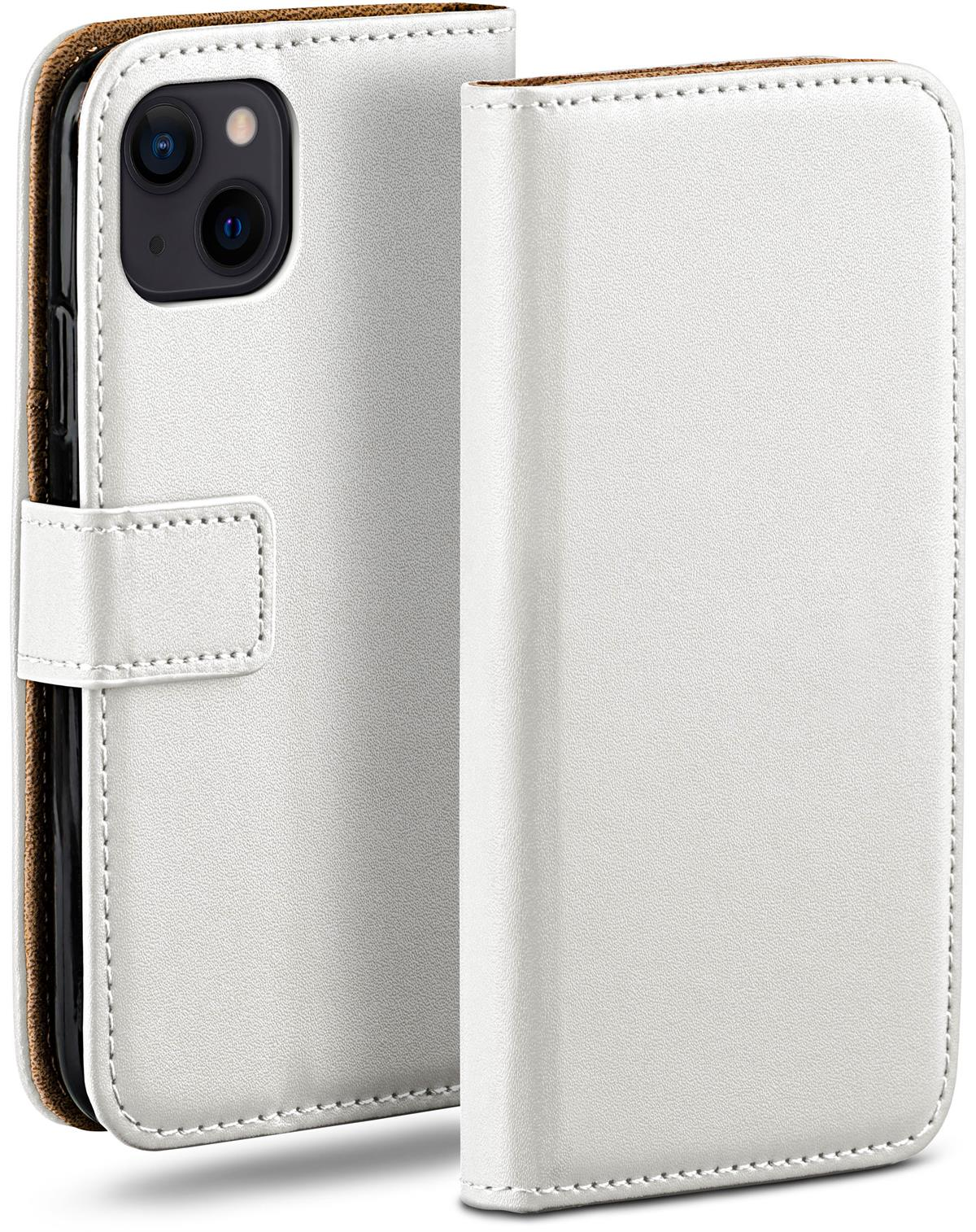 Weiße Leder-Handyhülle mit Telefon.