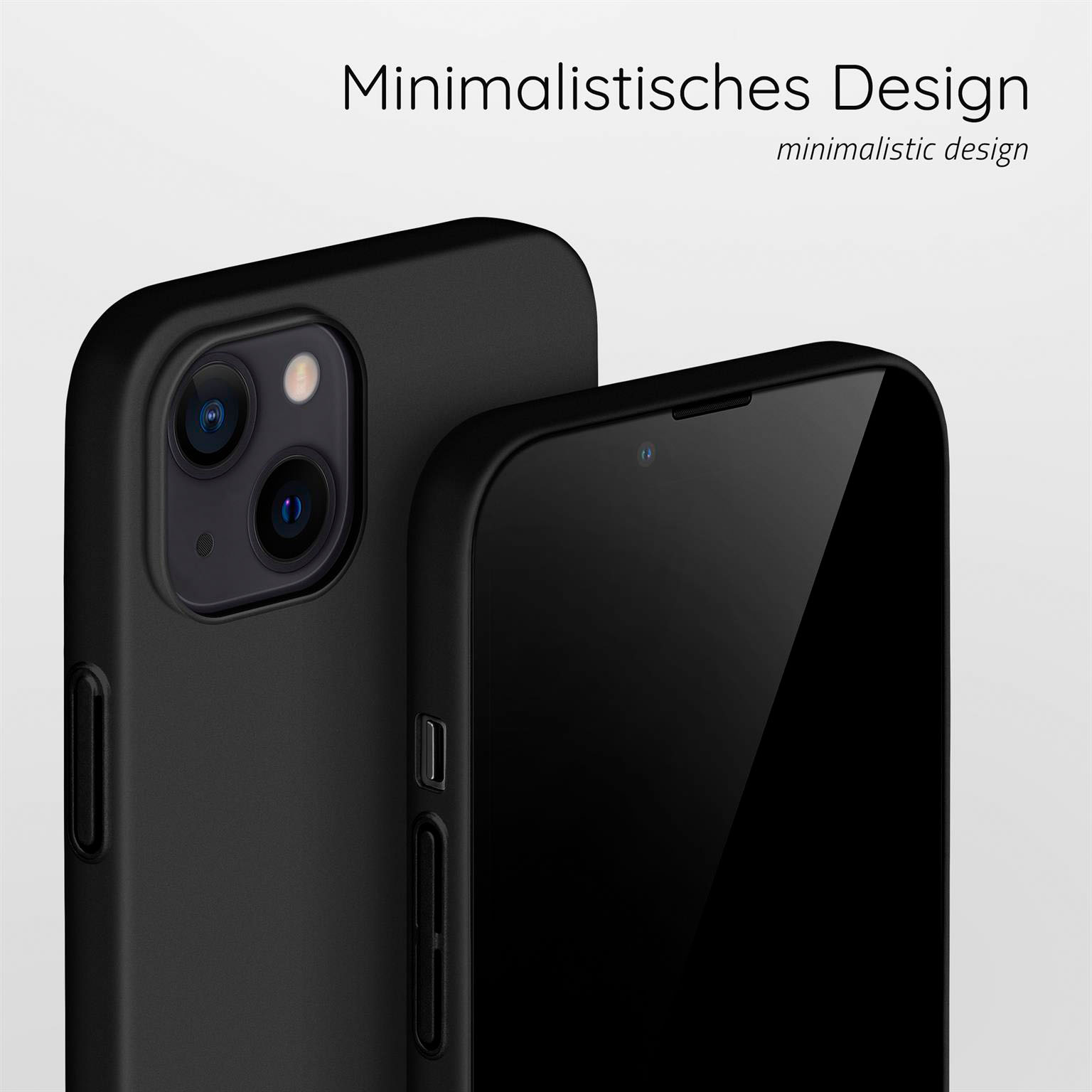 Schwarze Handyhülle, minimalistisches Design, iPhone gezeigt, Detailaufnahme.
