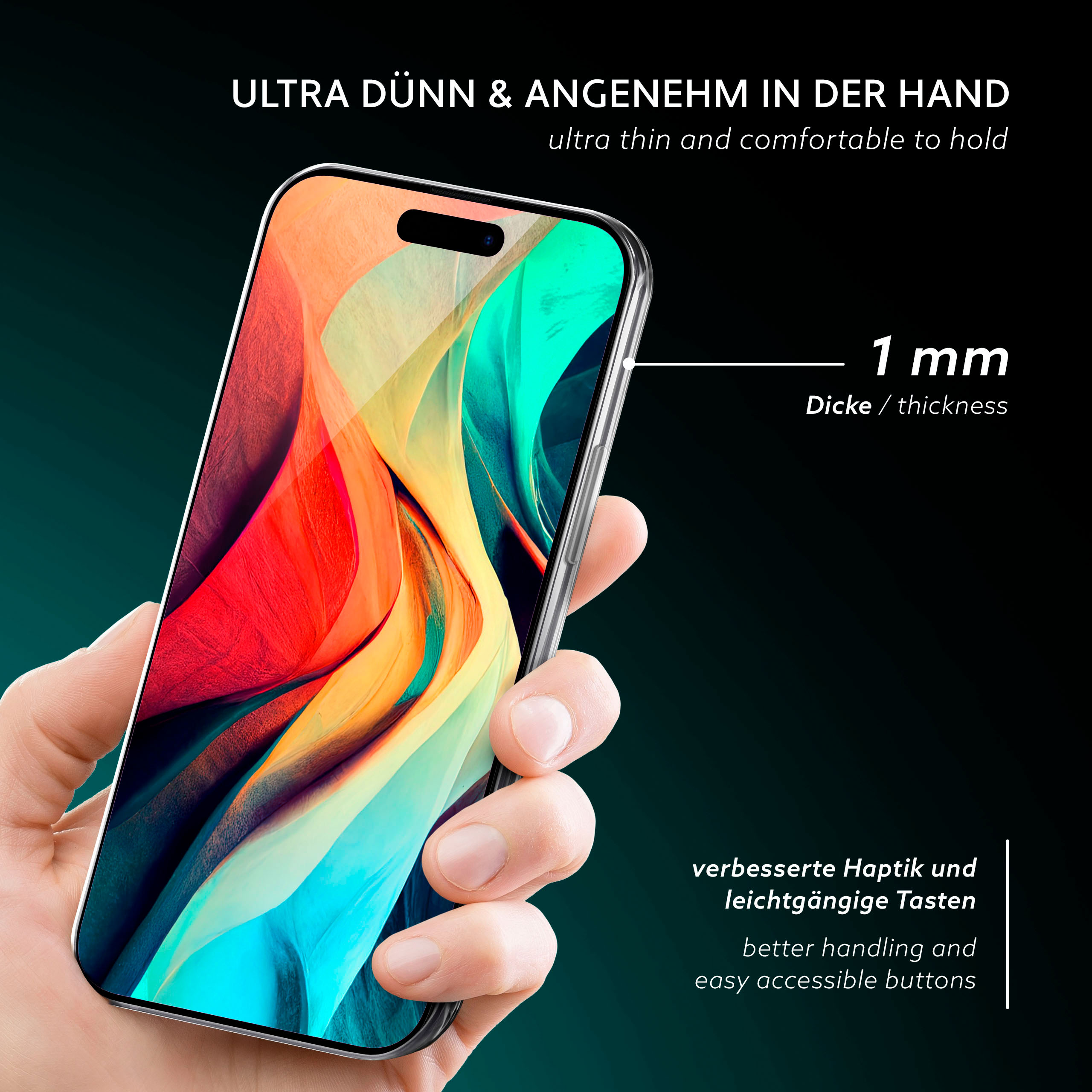 Eine Hand hält eine transparente Handyhülle mit Telefon, die Dicke wird hervorgehoben.