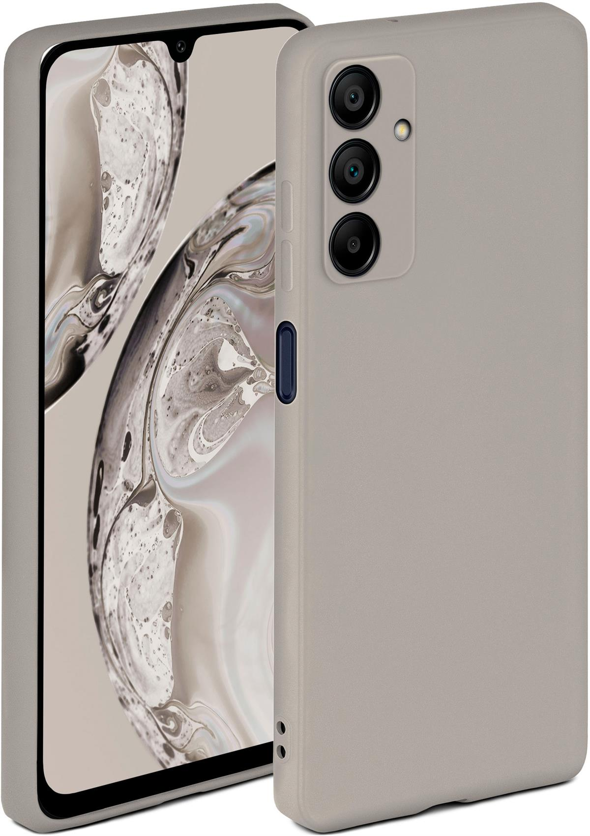 Graue Handyhülle auf einem Telefon, Seitenansicht. Telefonbildschirm links, zeigt ein Design.