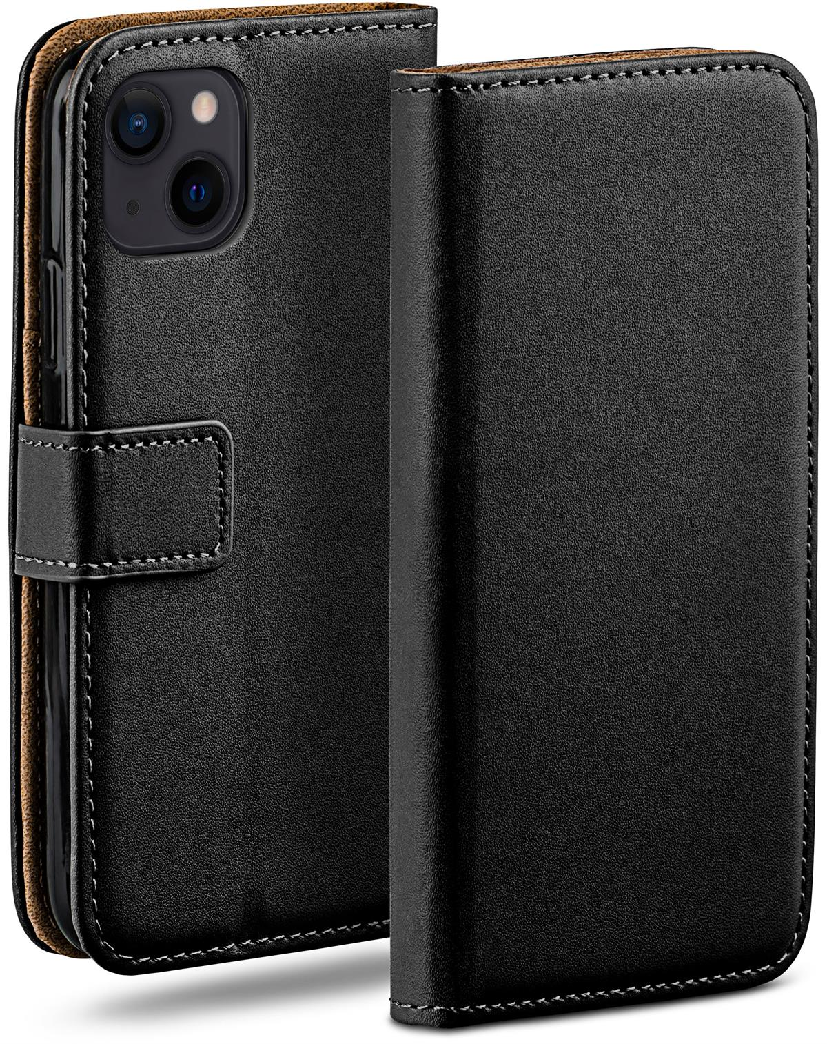 Schwarze Leder-Handyhülle mit Telefon. Gehäuse geöffnet, Telefon zeigend.