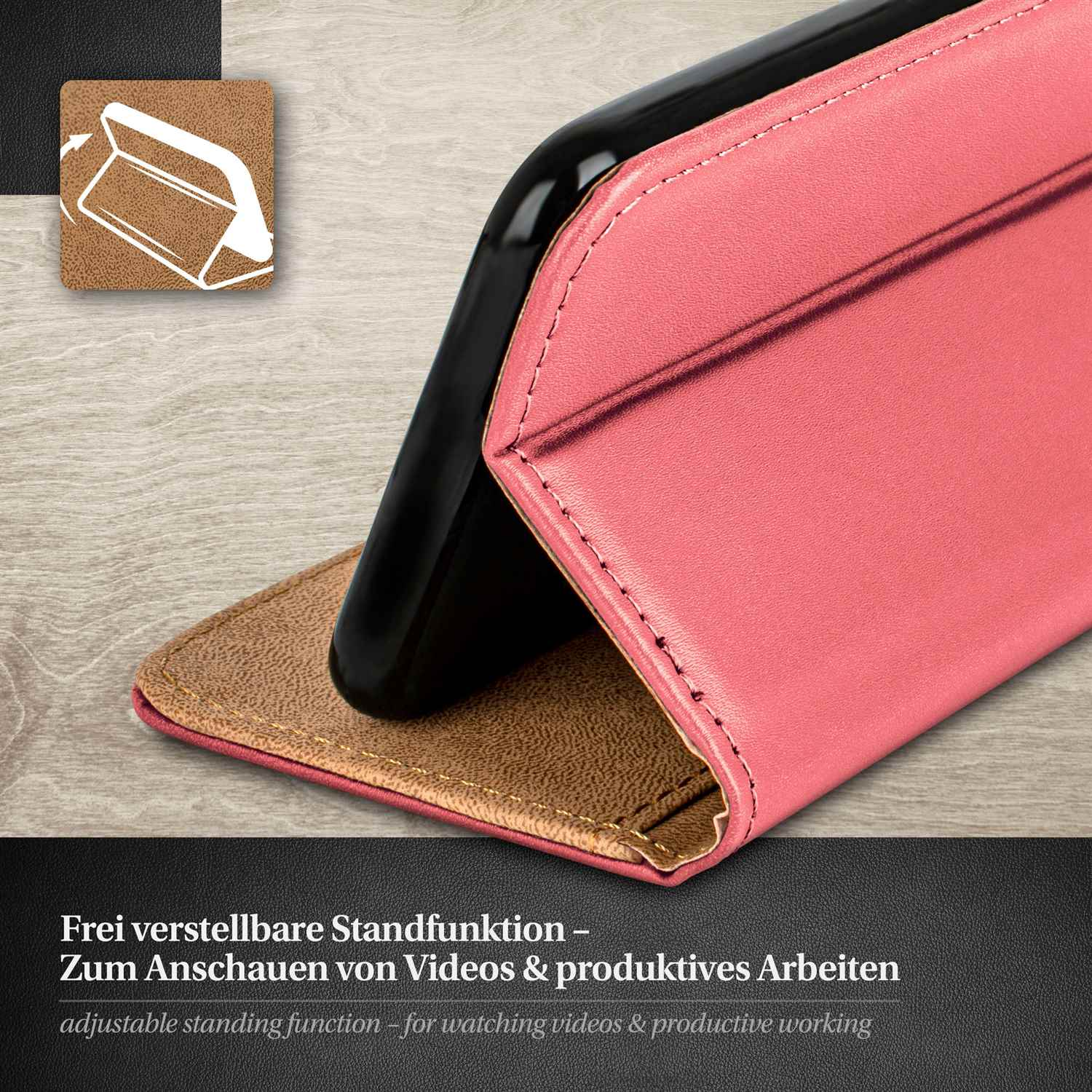 Eine rosa Handyhülle ist geöffnet und zeigt ein Telefon. Die Hülle hat eine Standfunktion.