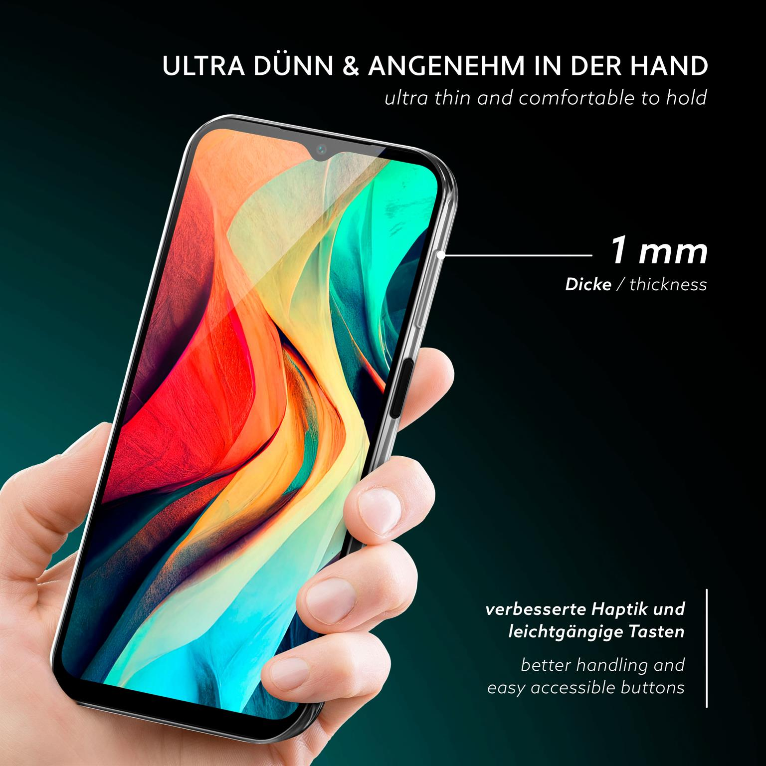 Hand hält ein Smartphone, das eine klare Hülle zeigt. Display zeigt farbenfrohe abstrakte Grafiken. Text: 1 mm Dicke.