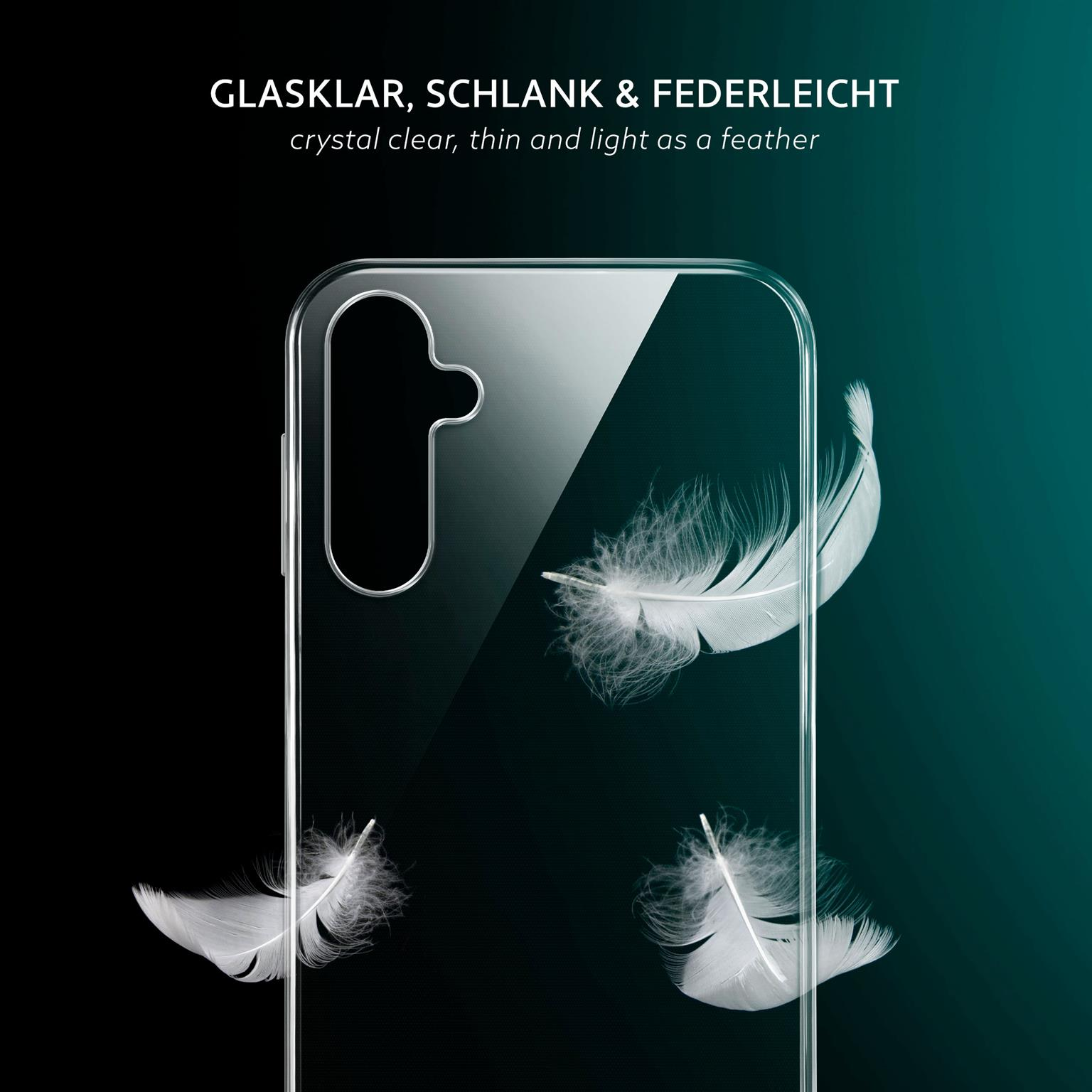 Transparente Handyhülle mit drei Federn auf dunkelgrünem Hintergrund.