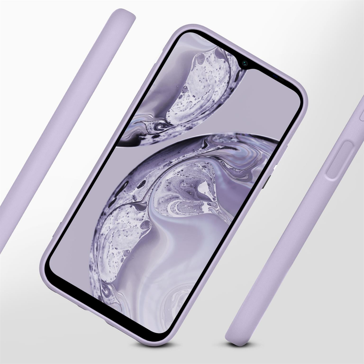 Ein lavendelfarbenes Telefon mit Hülle und zwei Zubehörteilen. Das Telefon steht im Mittelpunkt.