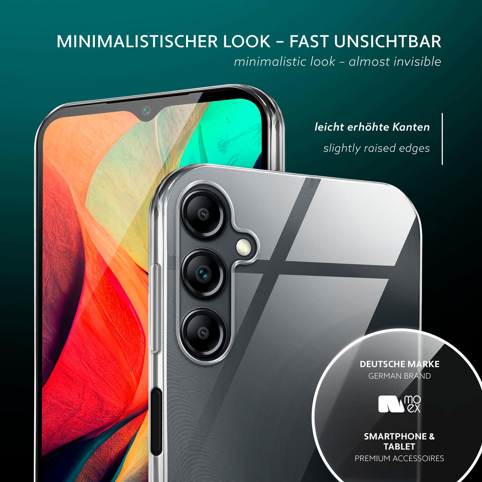 Zwei Telefone, eines in einer transparenten Hülle, zeigen minimalistisches Design und deutsches Markenlabel.