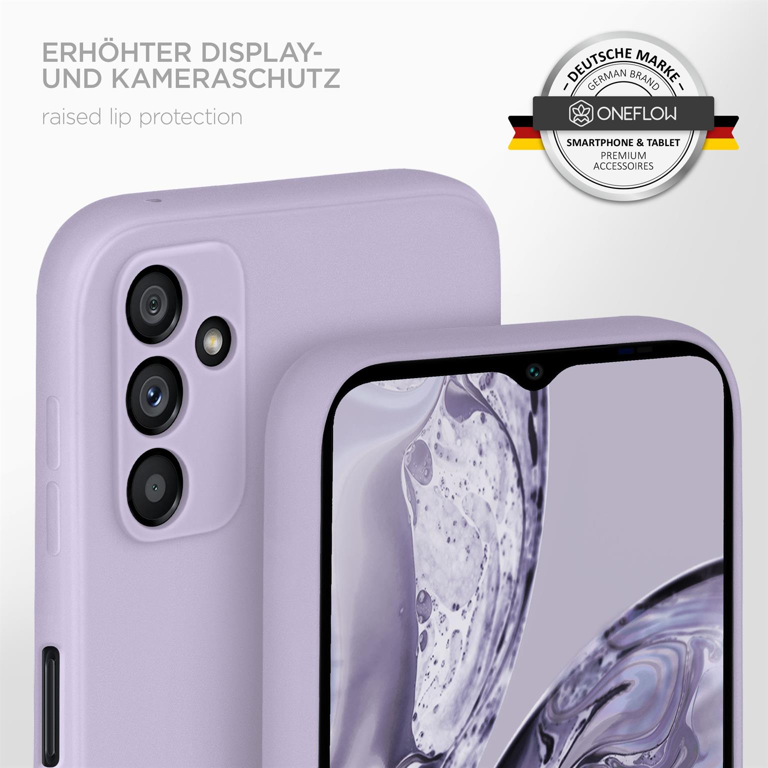 Lila Handyhülle mit erhöhtem Kameraschutz, einem Telefon und einem deutschen Markenlogo im Hintergrund.