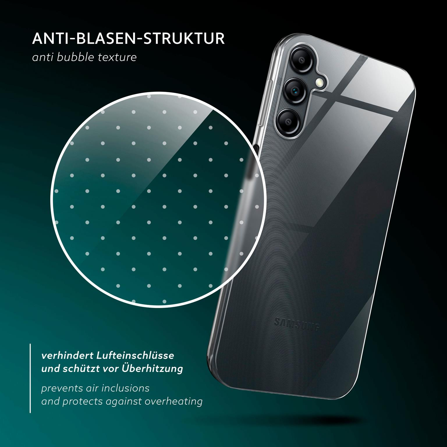 Transparente Handyhülle mit weißem Punktmuster. Telefon ist in der Hülle, mit Text, der 'Anti-Blasen-Struktur' sagt.