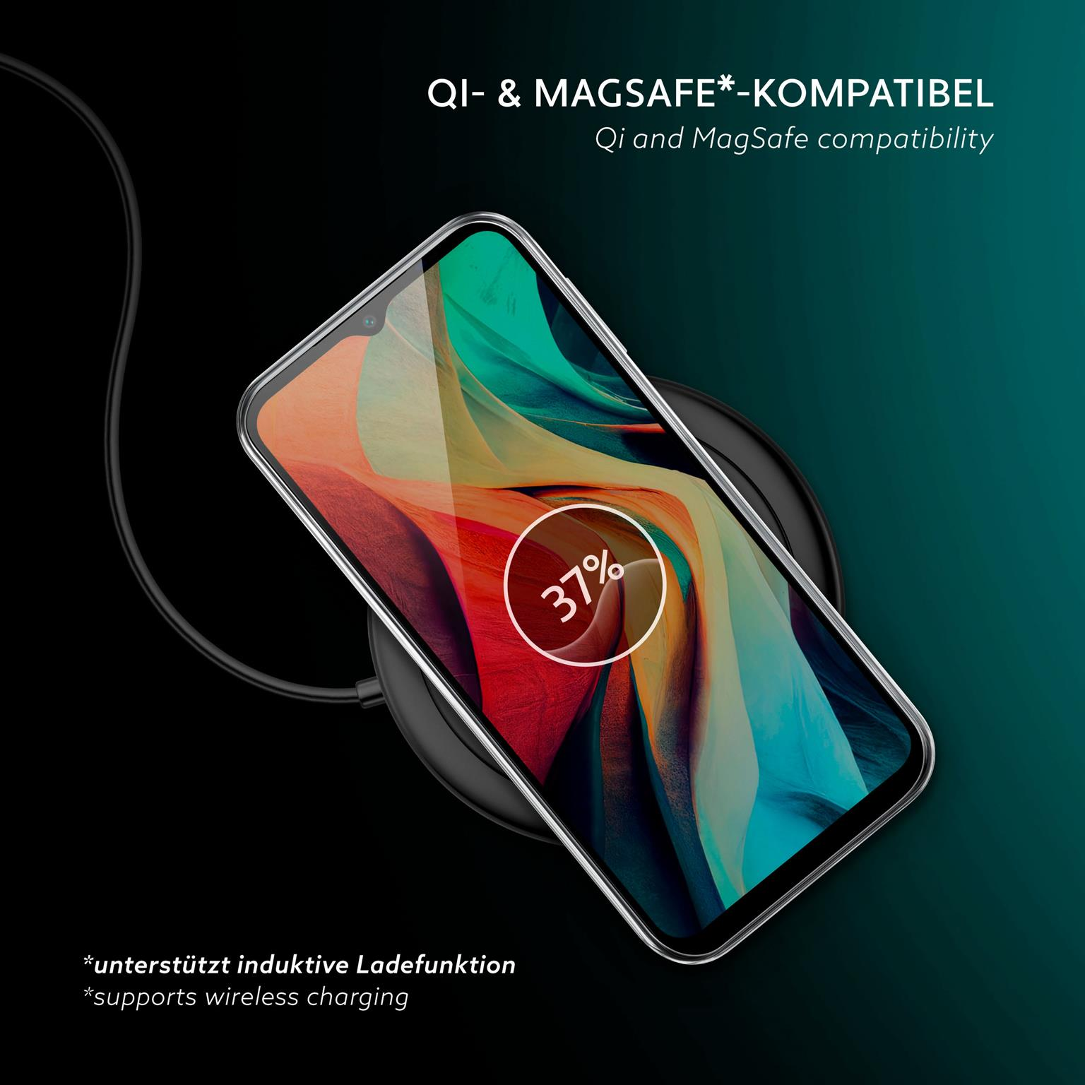Ein Telefon liegt auf einem kabellosen Ladegerät. Der Bildschirm zeigt 37 % Aufladung an. Der Text zeigt Qi- und MagSafe-Kompatibilität.