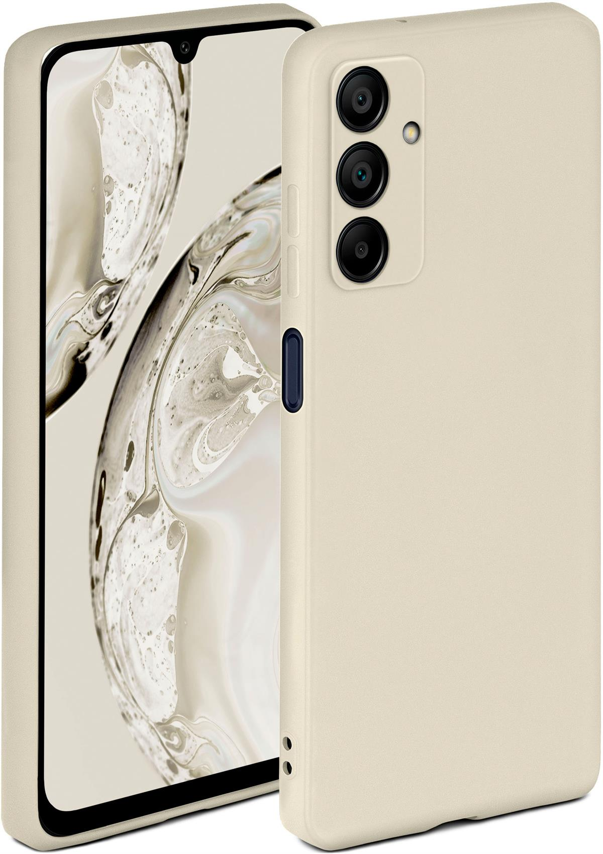 Eine hellbeige Handyhülle mit drei Kameralinsen und einem sichtbaren Telefonbildschirm.
