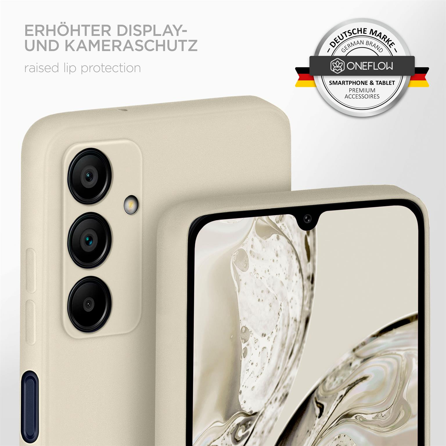 Beige Handyhülle mit Telefon und erhöhten Kanten. Deutsches Markenlogo. Weißer Hintergrund.
