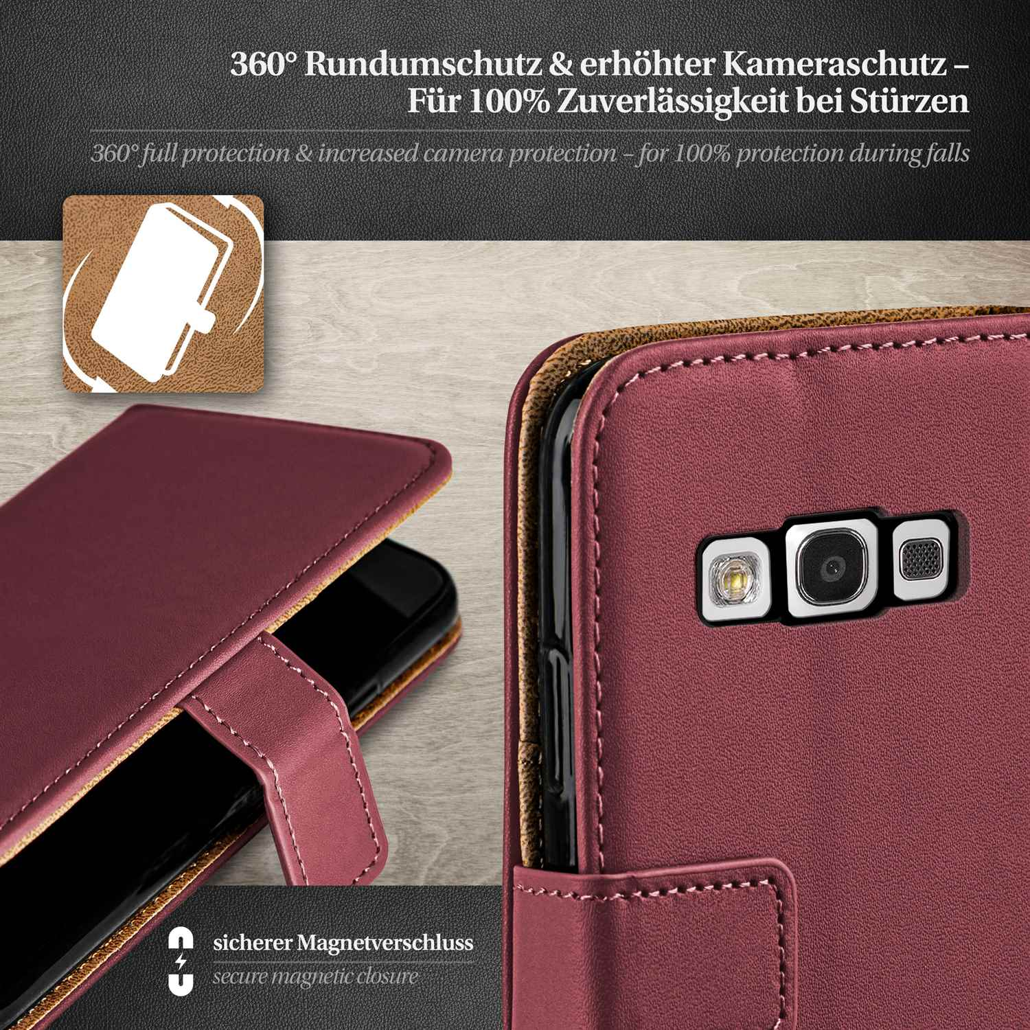 Bordeauxfarbene Handyhülle mit Kameraschutz. Zeigt eine offene Hülle mit Telefon.