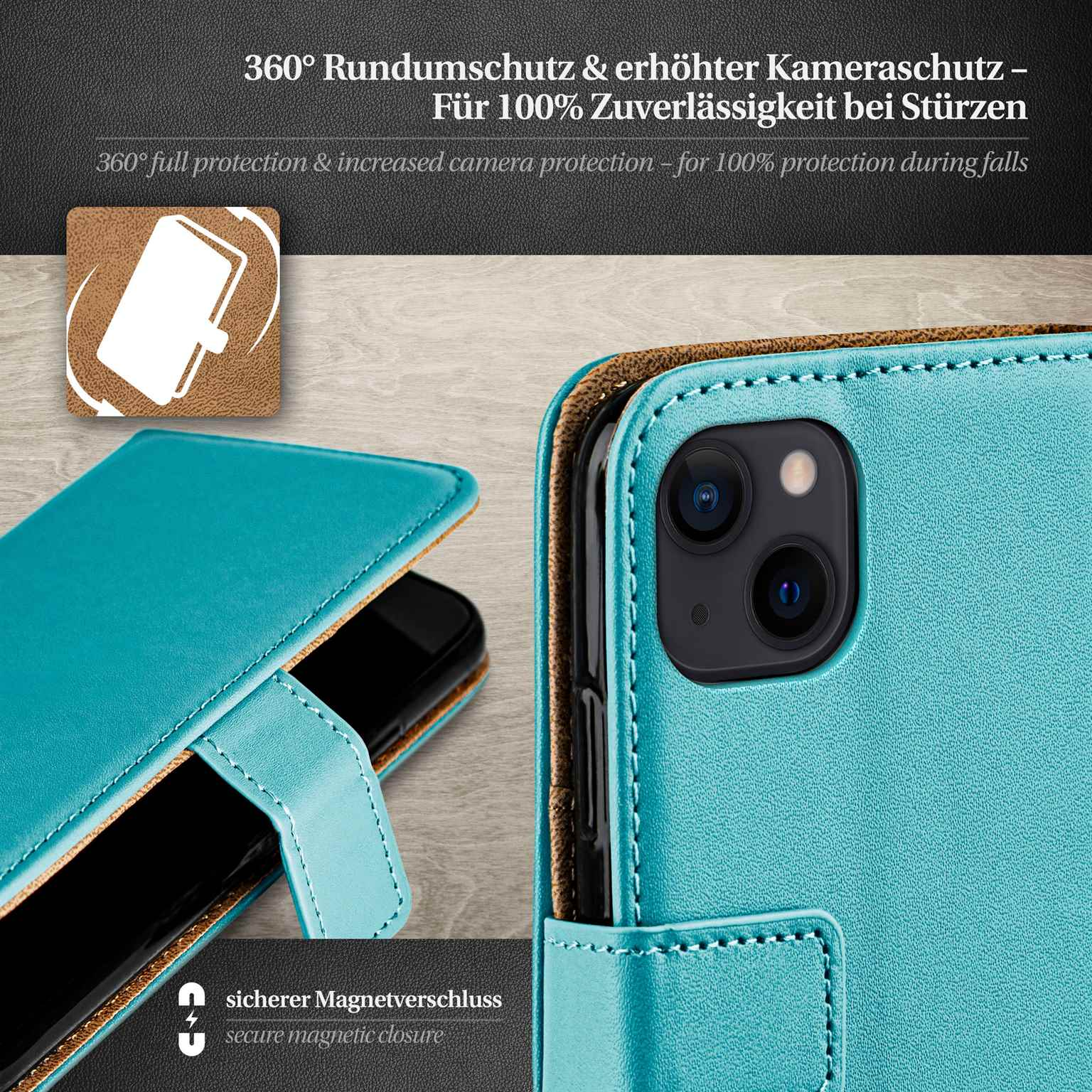 Türkisfarbene Handyhülle mit Telefon darin, geöffnet. Magnetverschluss gezeigt. 360°-Schutz wird angezeigt.