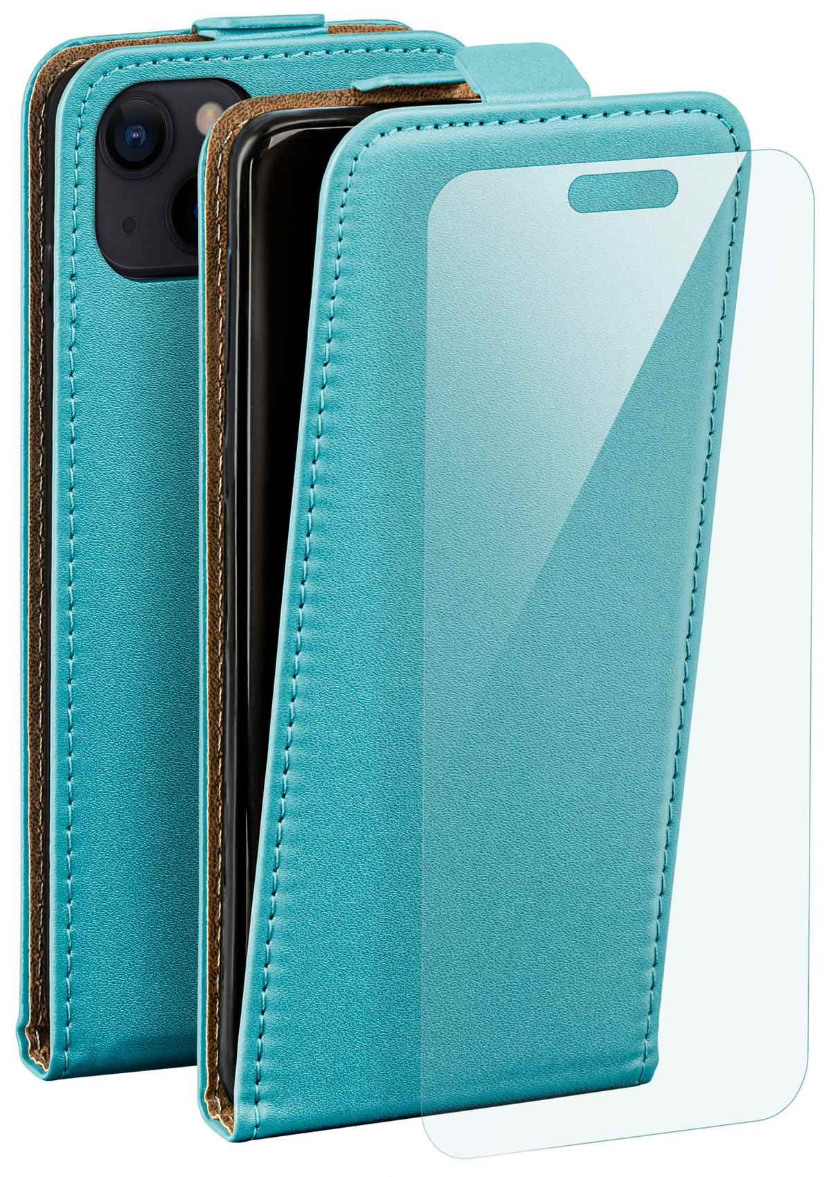 Türkisfarbene Leder-Handyhülle mit Telefon. Gehäuse geöffnet, Telefon und Displayschutzfolie zeigend.