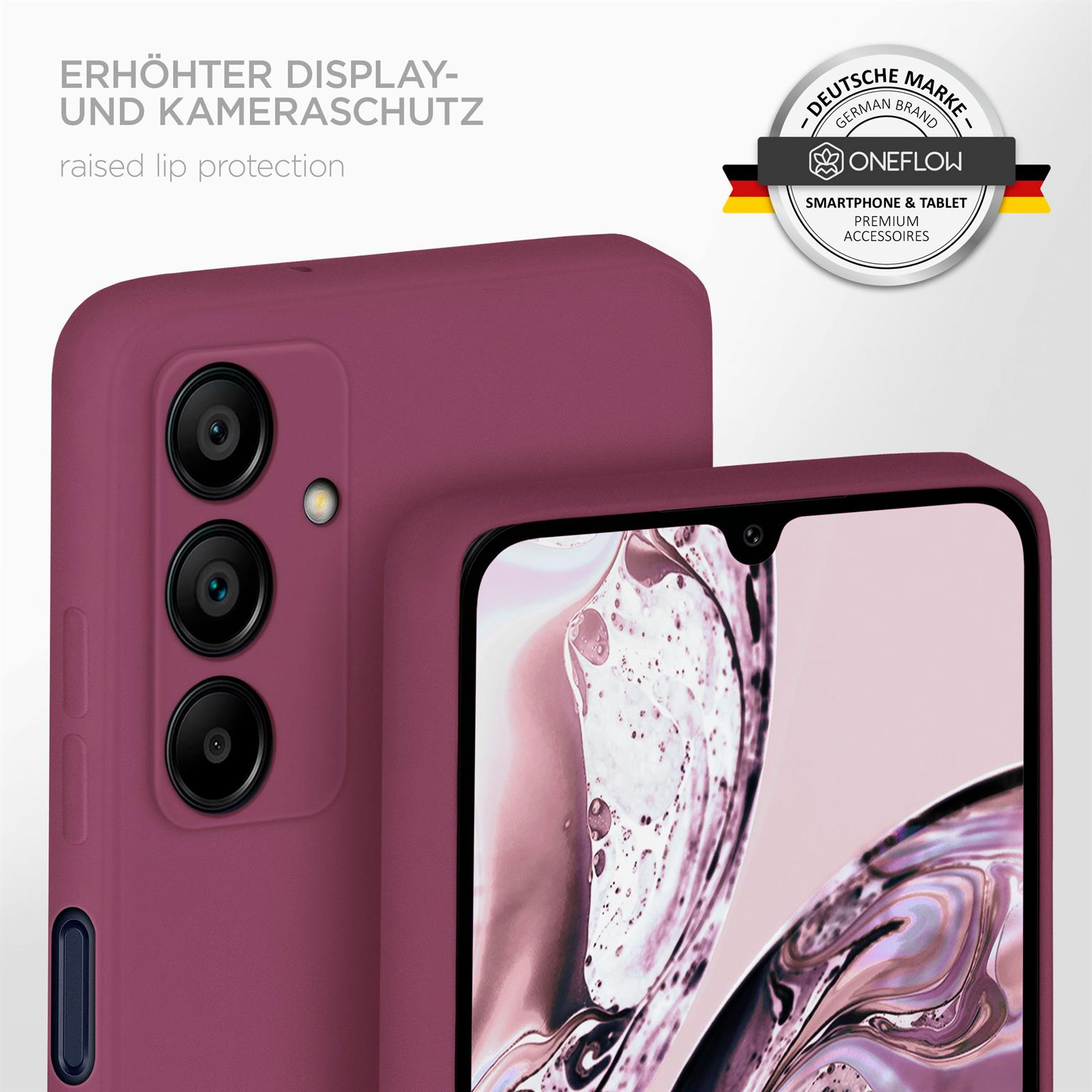 Violette Handyhülle. Erhöhter Schutz für Display und Kamera ist gezeigt. Das Telefon ist sichtbar.