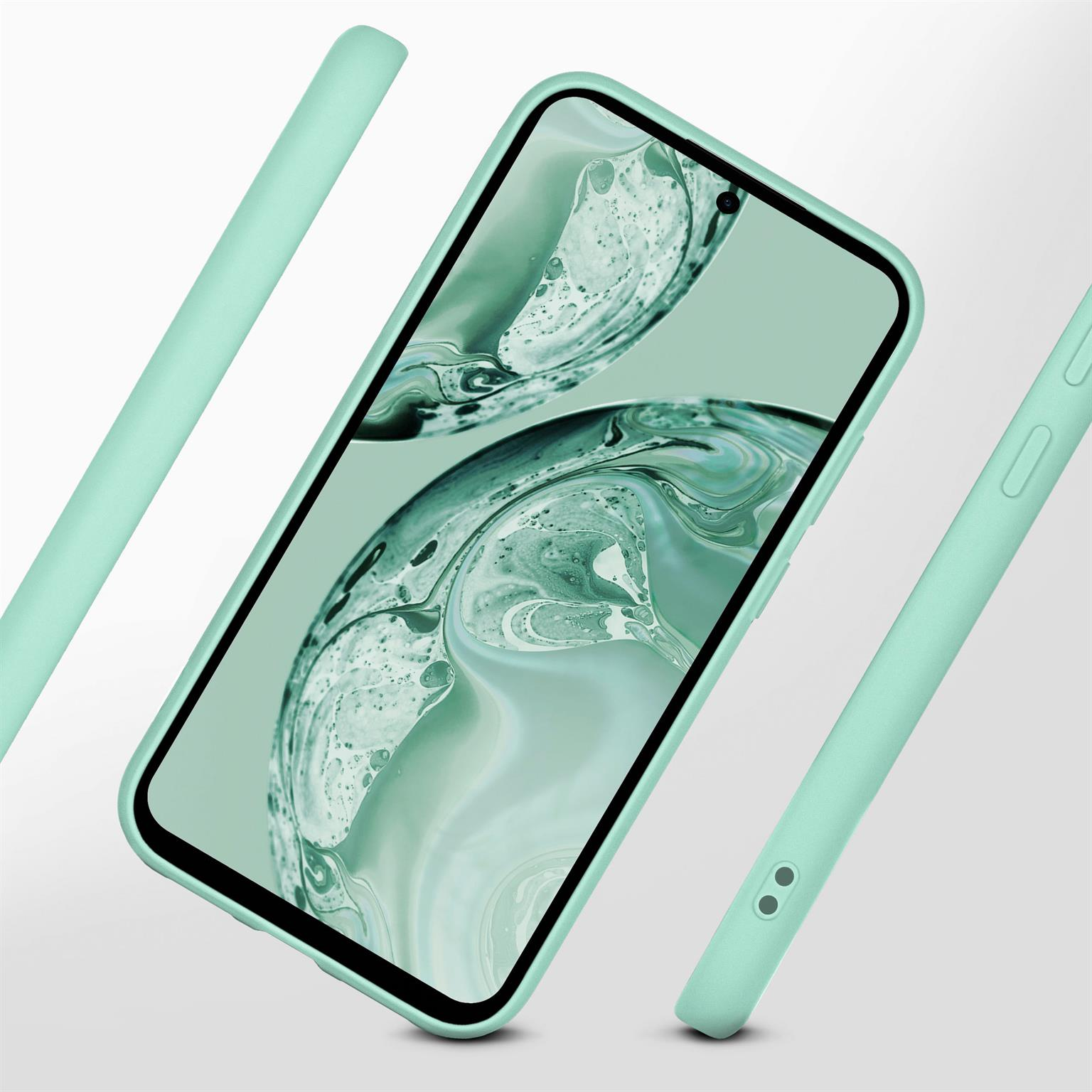 Minzgrüne Handyhülle mit einem Telefon. Der Hintergrund ist ein abstraktes grünes Muster.