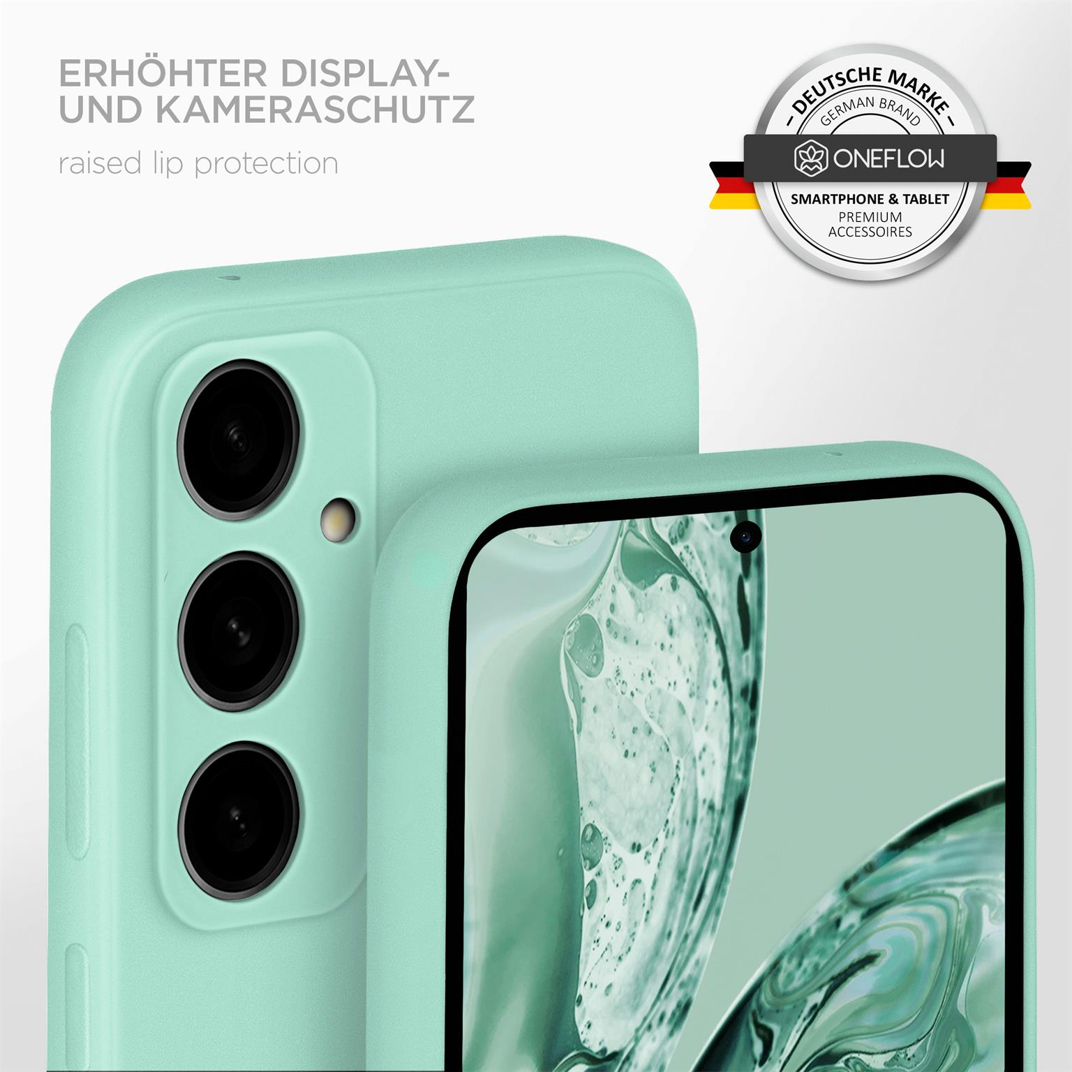 Mintgrüne Handyhülle mit Telefon, mit erhöhtem Rand.