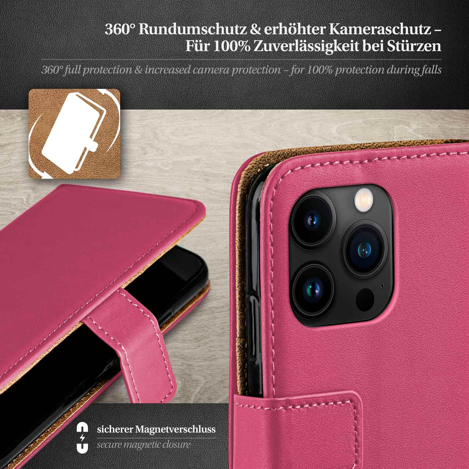 Rosa Handyhülle mit einem Telefon darin. Die Hülle ist offen. Nahaufnahme der Hülle.