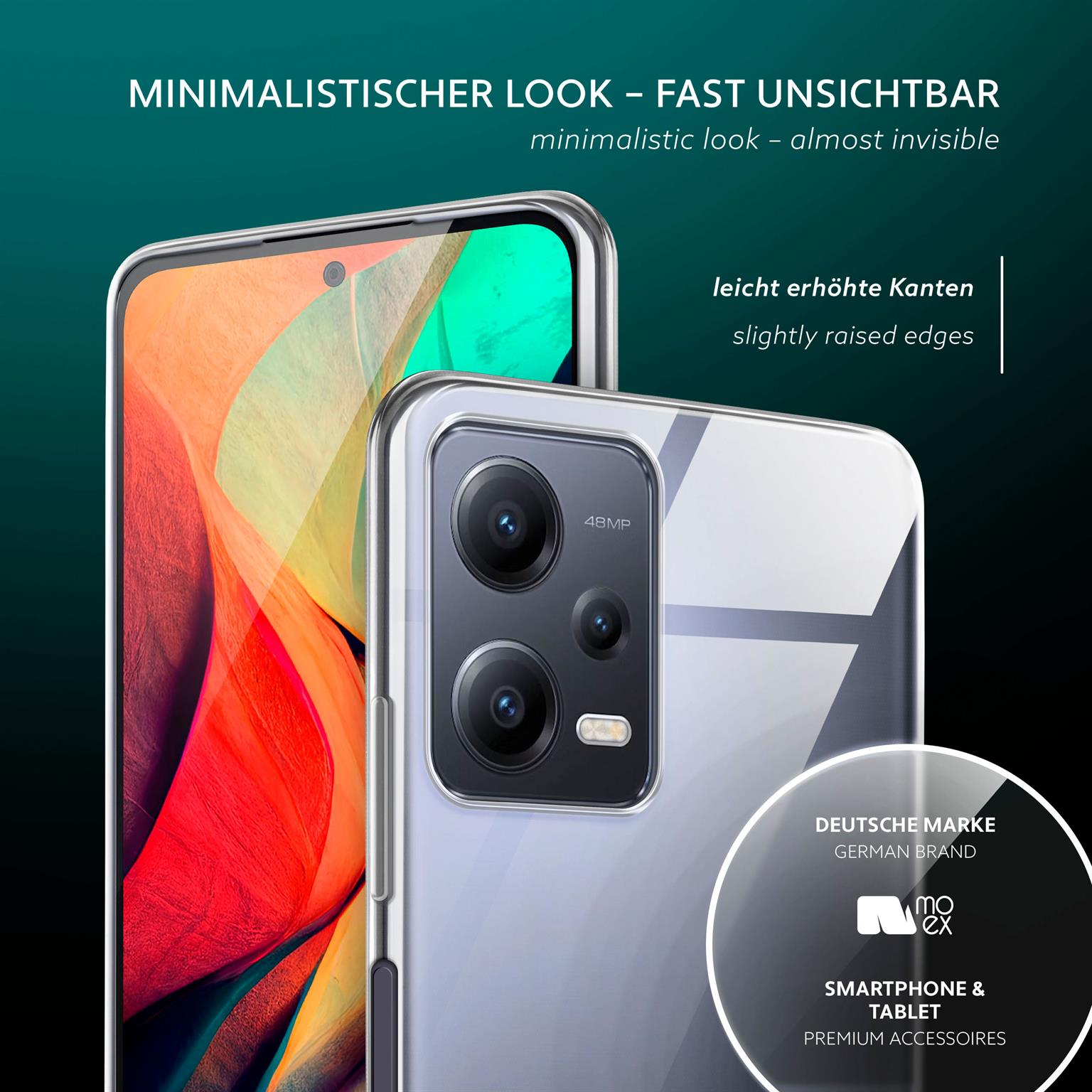 Telefon in klarer Hülle. Leicht erhöhte Kanten. Deutsches Markenlogo. Dunkler Hintergrund.