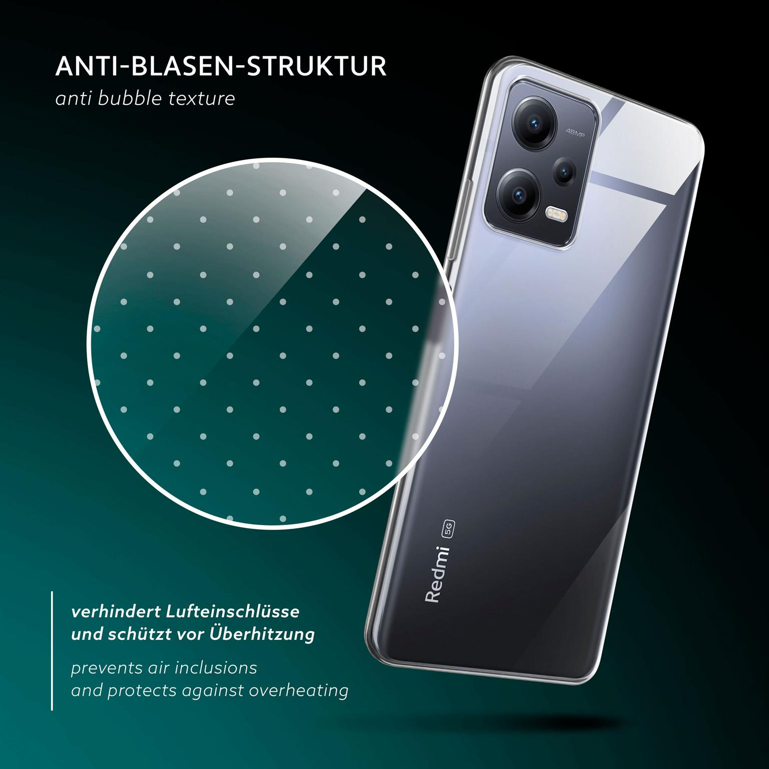 Ein Telefon mit transparenter Hülle, die Anti-Blasen-Textur und ein Redmi-Logo zeigt.