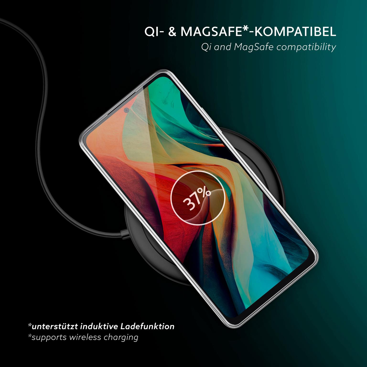 Telefon in einer transparenten Hülle mit einer 37% Ladeanzeige auf einem kabellosen Ladepad.