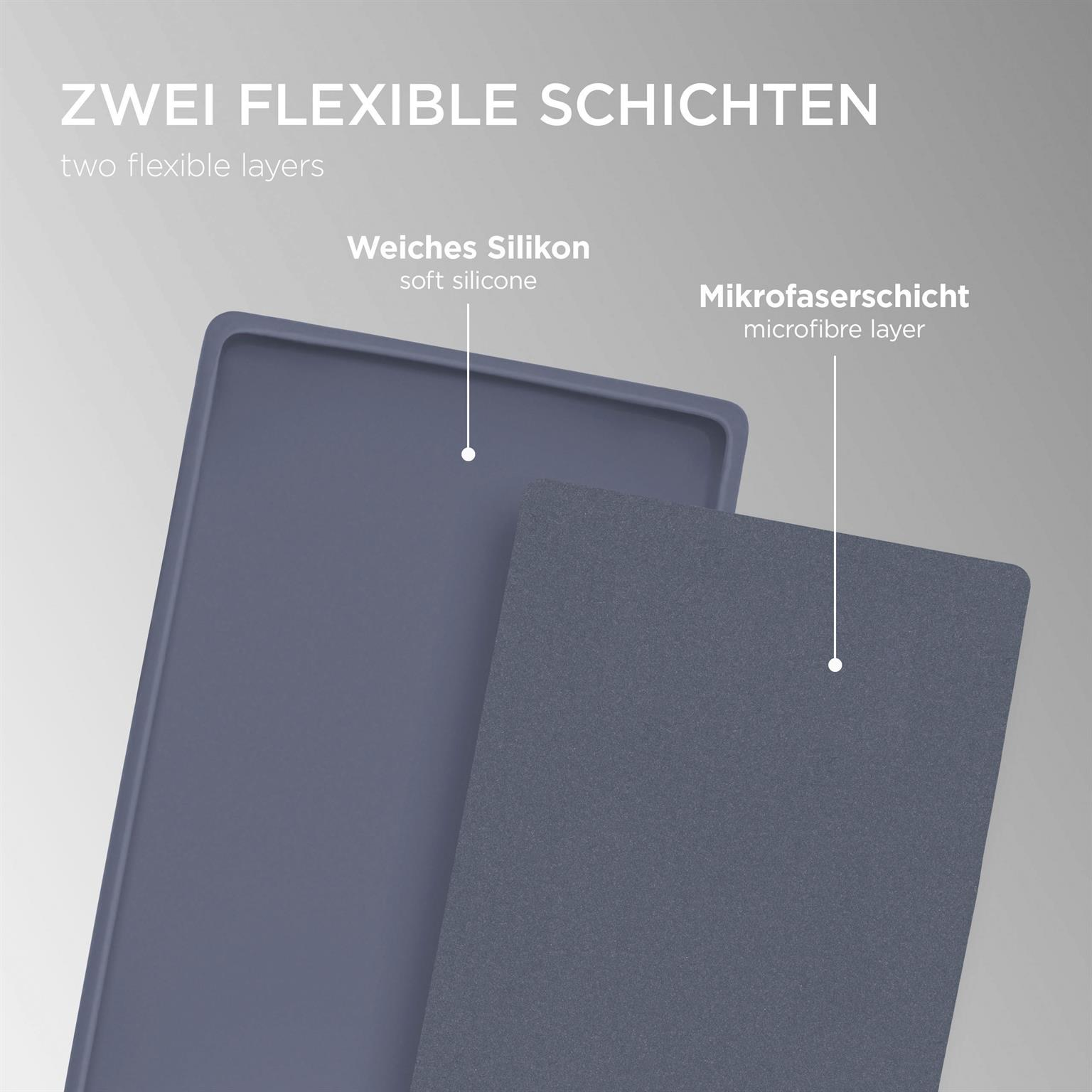 Zwei flexible Schichten einer Handyhülle: weiches Silikon und eine Mikrofaser-Schicht.