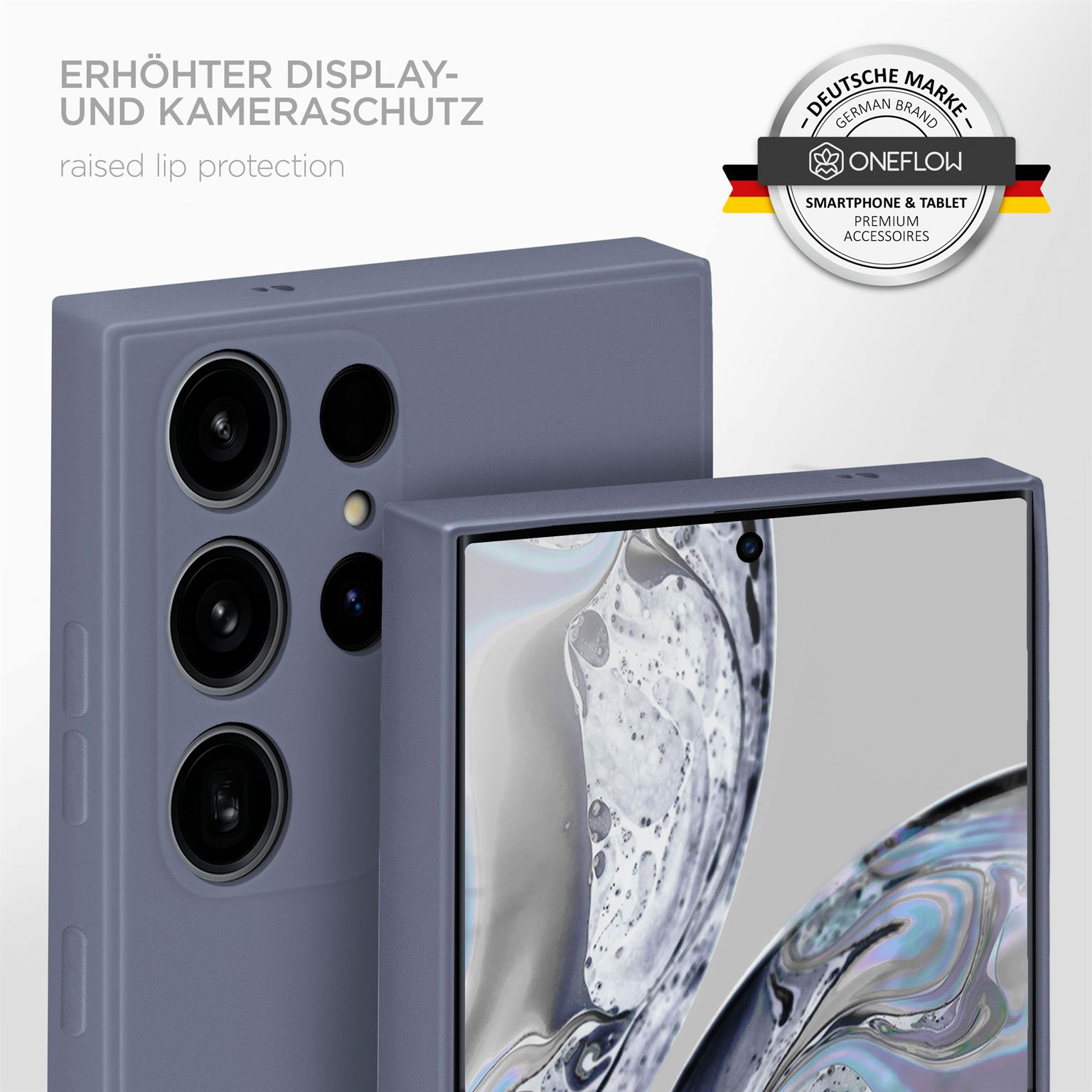 Zwei Telefone und Hüllen werden gezeigt. Eine Hülle ist blau, die andere grau.