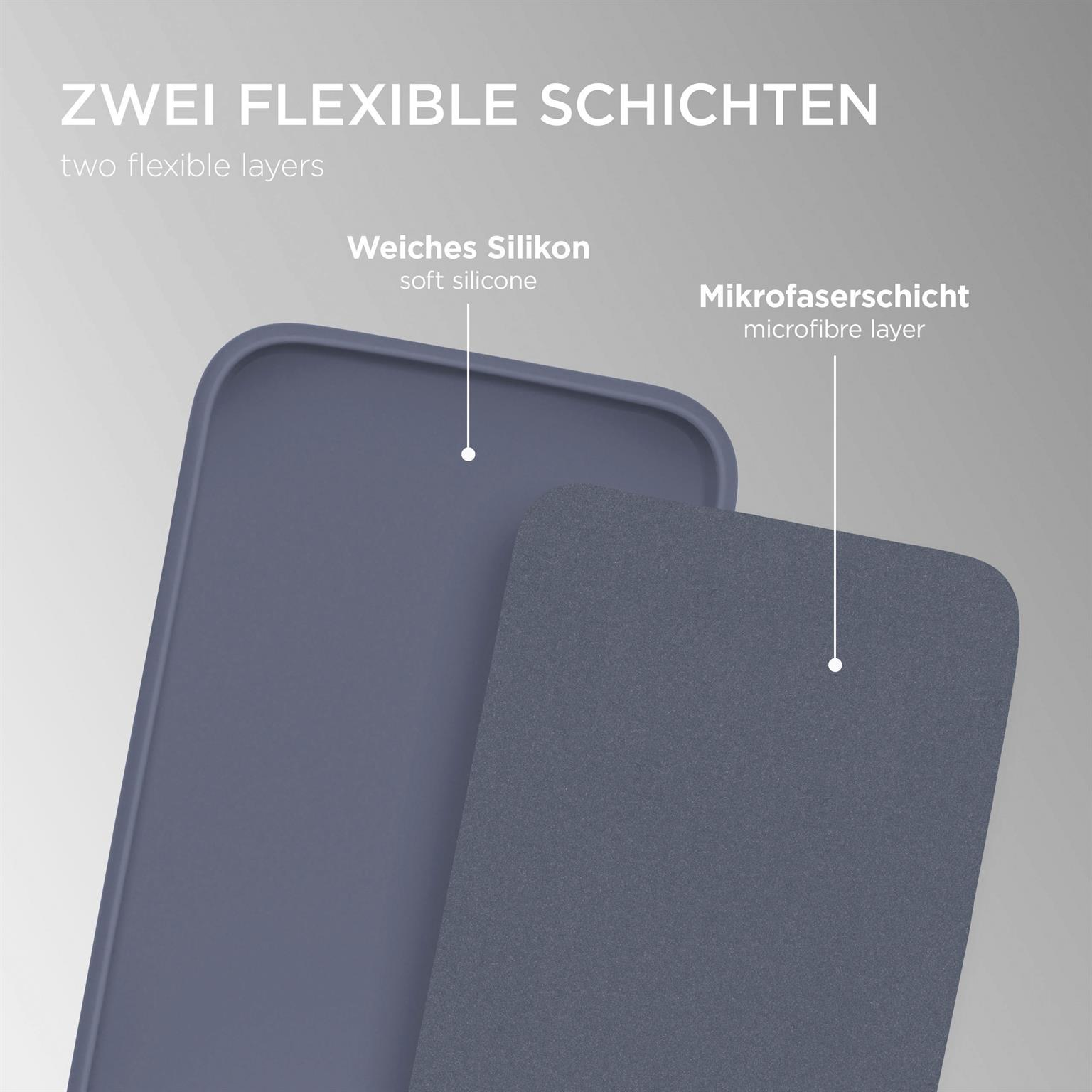 Zwei Schichten: weiches Silikon und eine Mikrofaser-Schicht, in verschiedenen Blautönen.