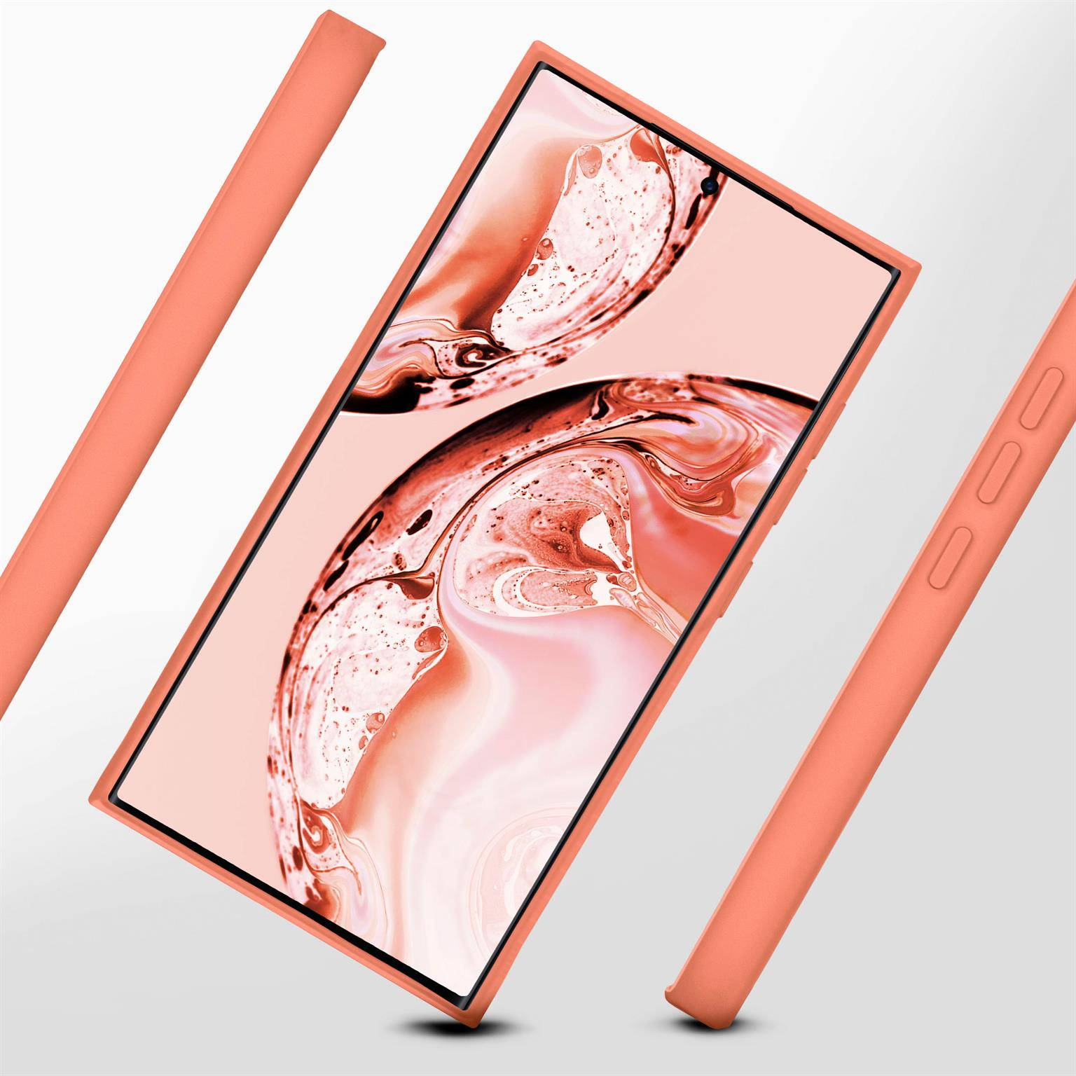 Pfirsichfarbenes Handycase mit Bildschirm, zwei Seiten und einem dritten Teil. Rosa Hintergrund.